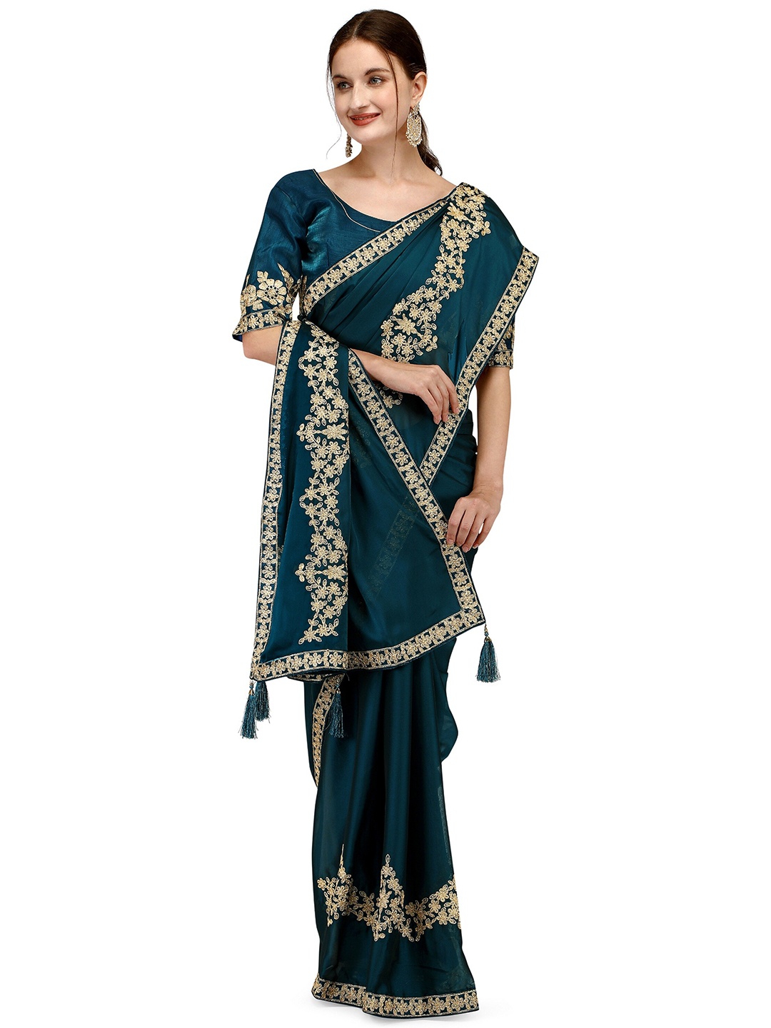 

Iris Women Teal Blue Poly Silk Floral Embroidered Saree