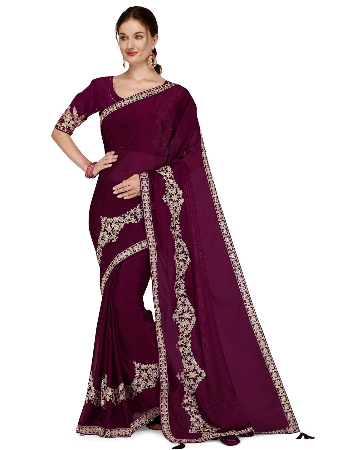 

Iris Purple & Gold-Toned Floral Embroidered Saree