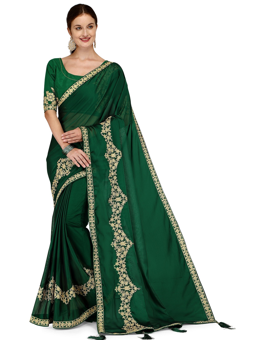 

Iris Women Green Poly Silk Floral Embroidered Saree