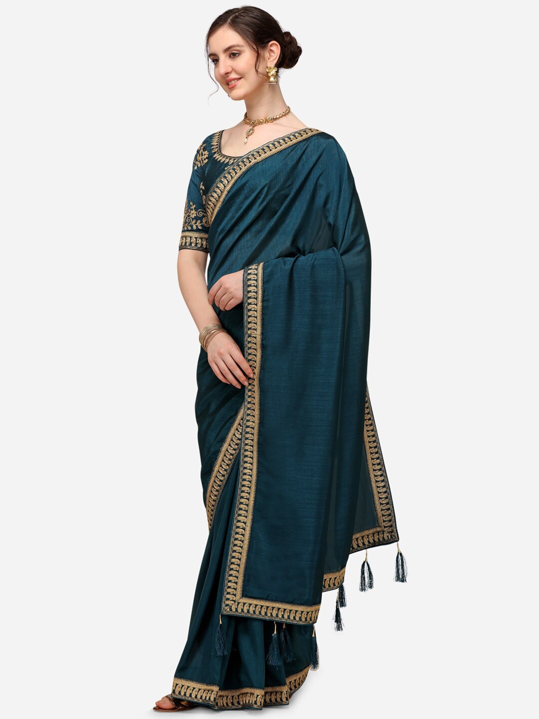 

Iris Teal Blue & Gold-Toned Floral Embroidered Saree
