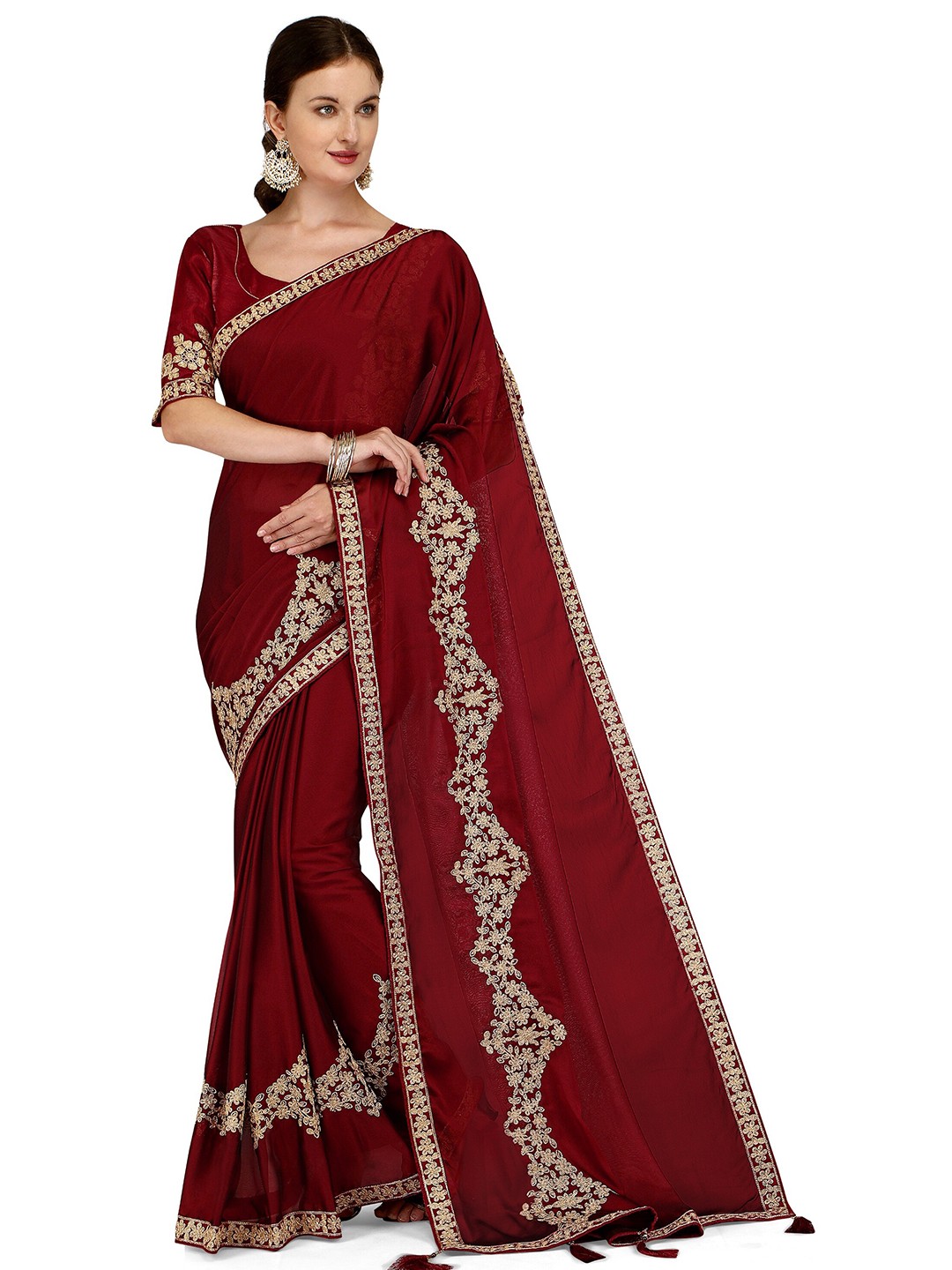 

Iris Maroon & Gold-Toned Floral Embroidered Saree