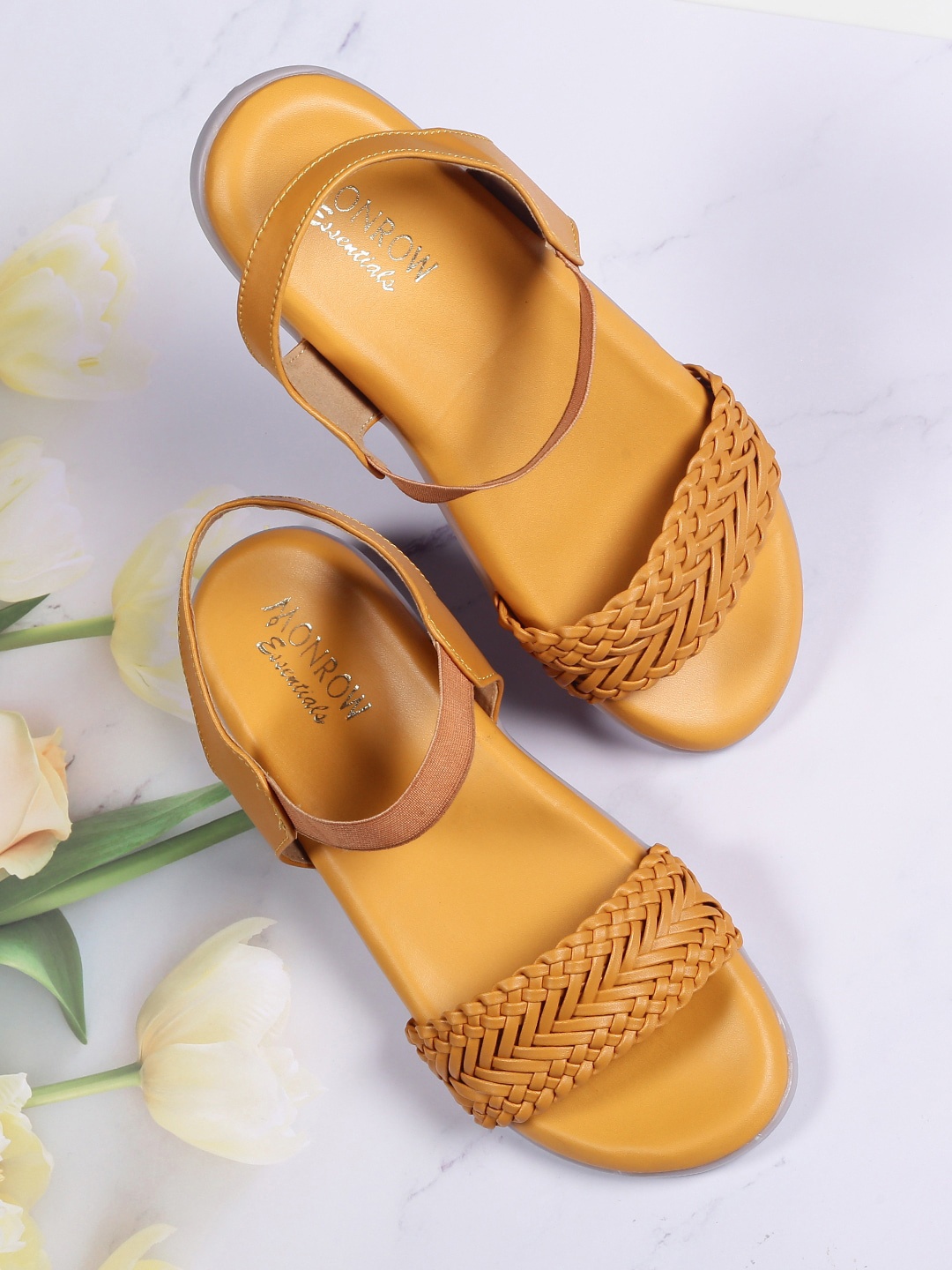 

Monrow Women Yellow Open Toe Flats with Laser Cuts