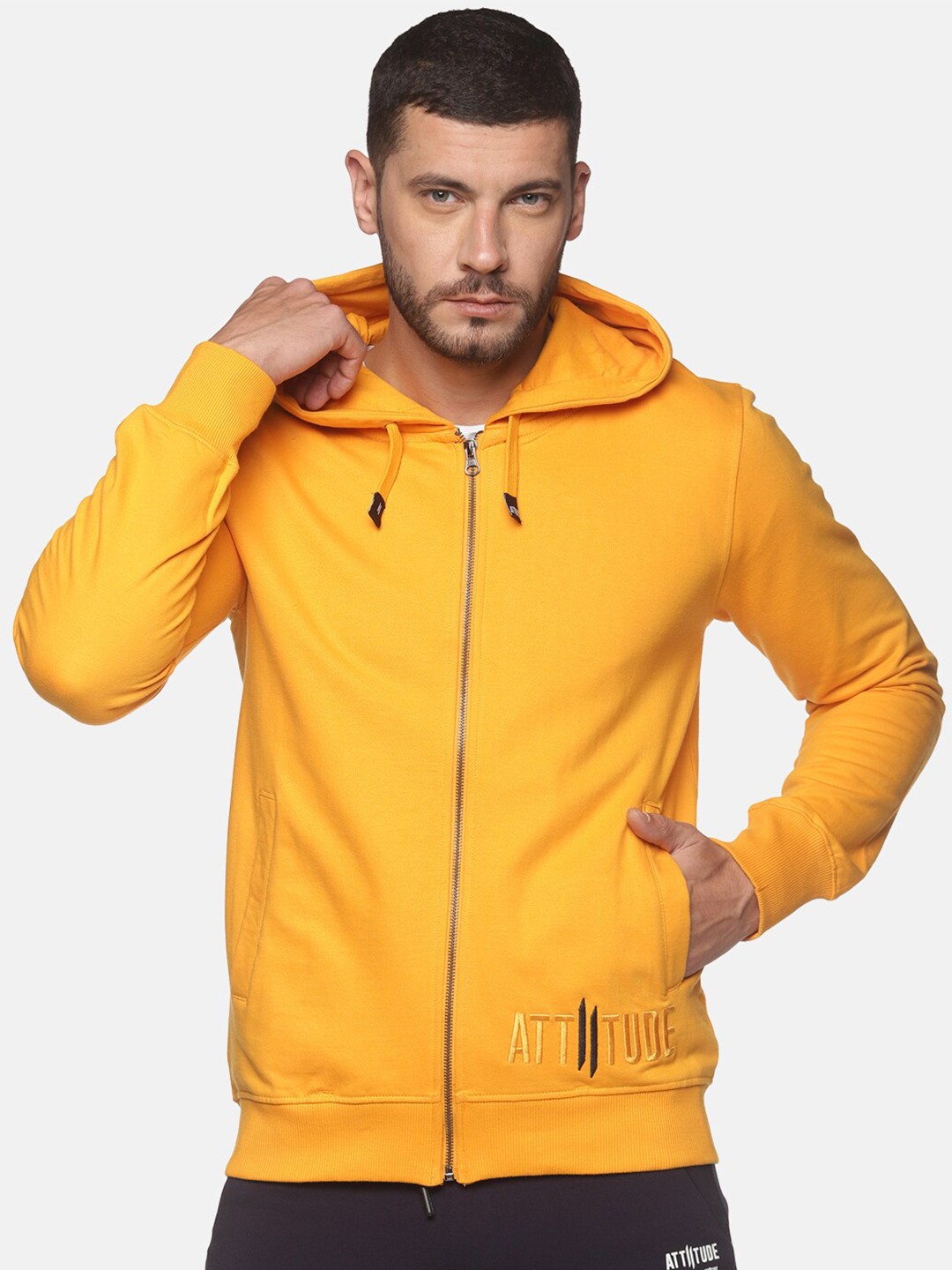 

ATTIITUDE Men Yellow Hooded Cotton Sweatshirt