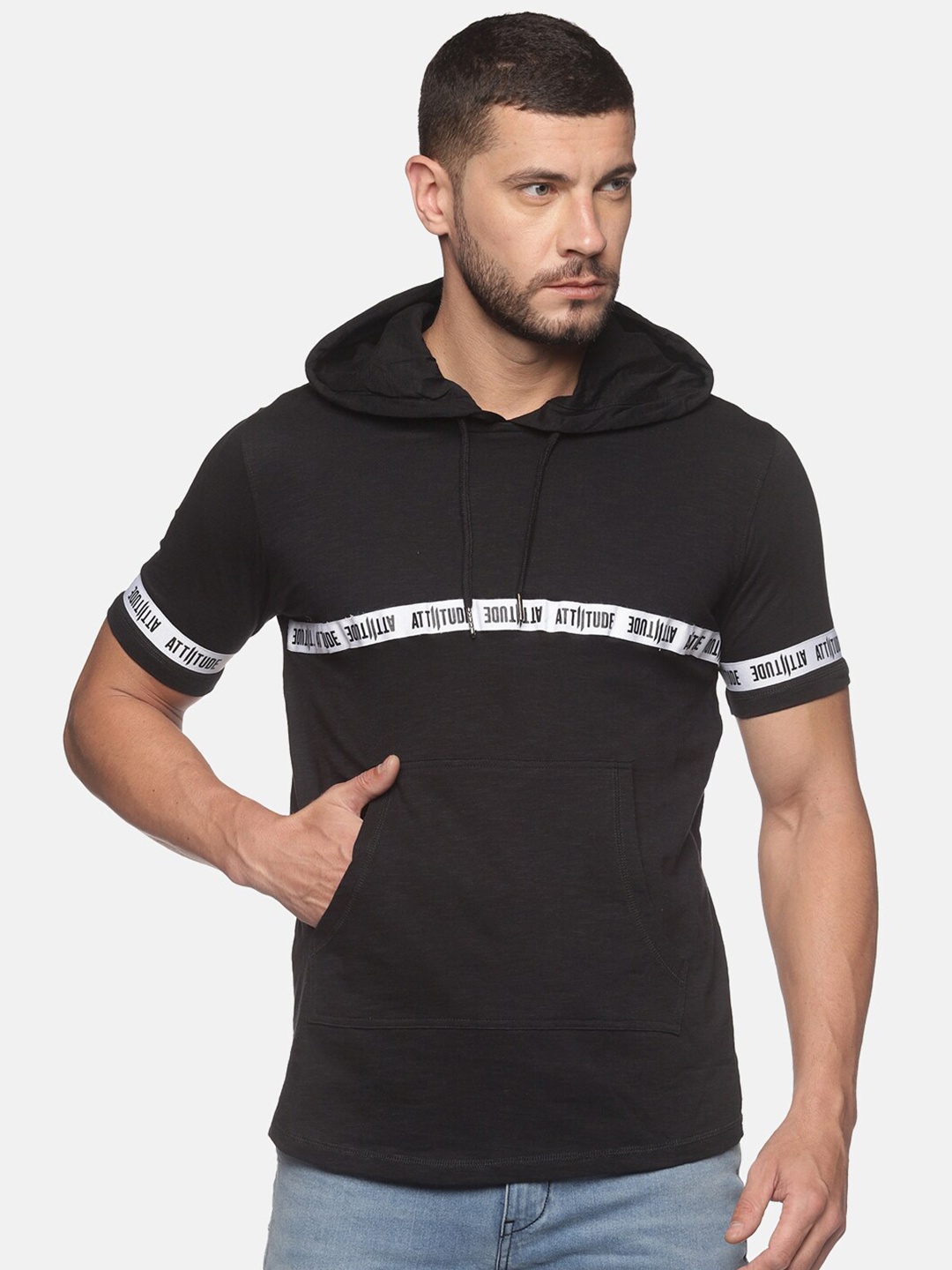 

ATTIITUDE Men Black Pure Cotton Hooded Sweatshirt