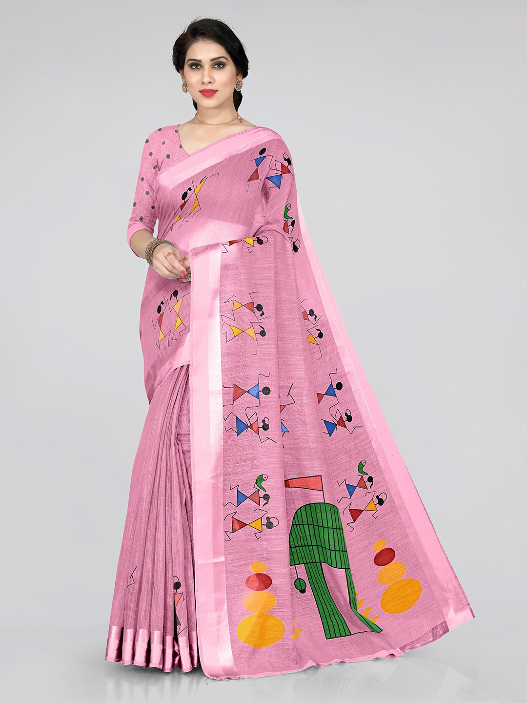 

KALINI Pink & Green Warli Saree
