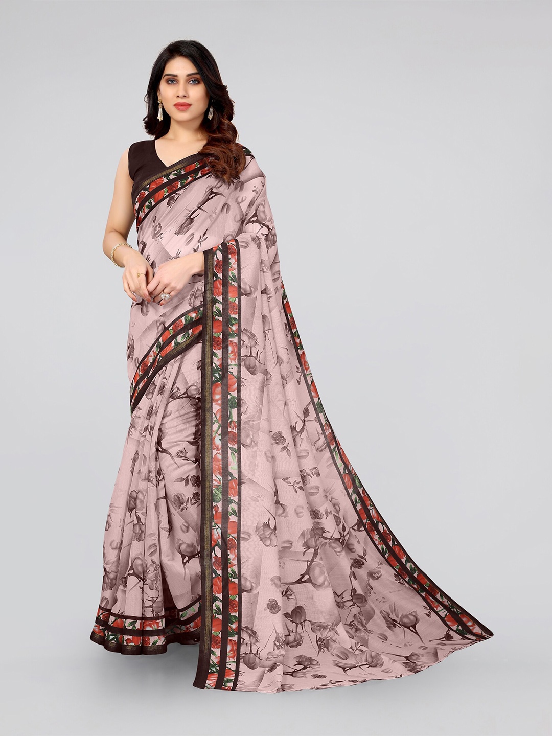 

KALINI Taupe & Brown Floral Zari Bagh Saree