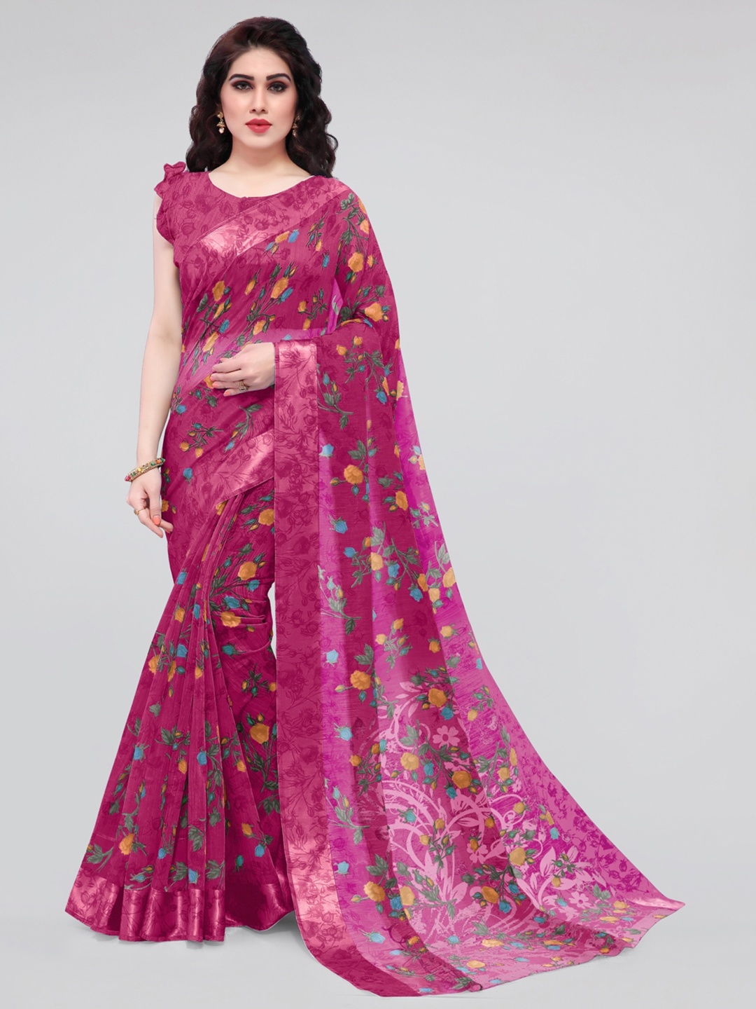 

KALINI Pink & Yellow Floral Bagh Saree
