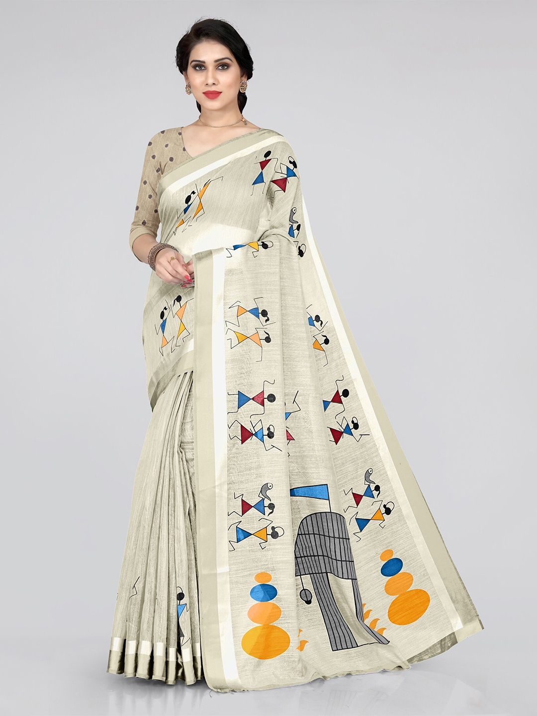 

KALINI Cream-Coloured & Orange Warli Saree