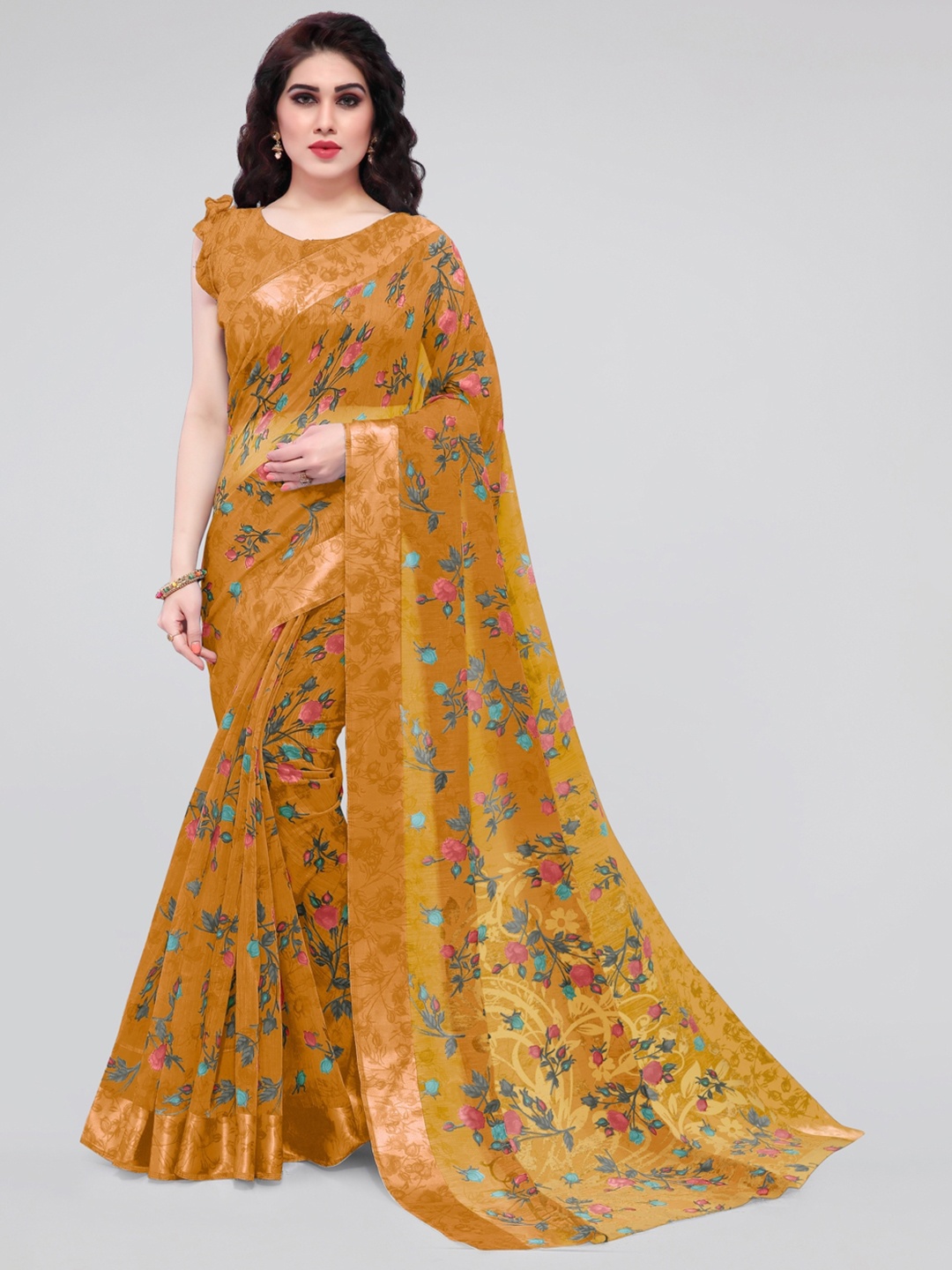 

KALINI Mustard & Blue Floral Bagh Saree