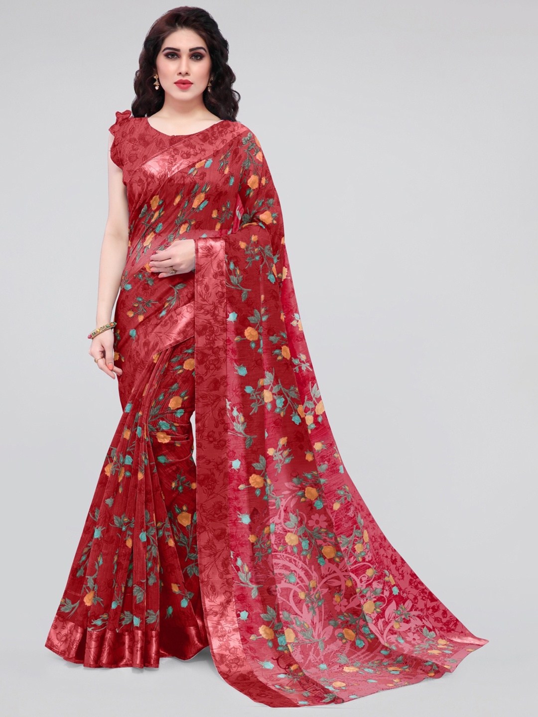 

KALINI Red & Blue Floral Bagh Saree