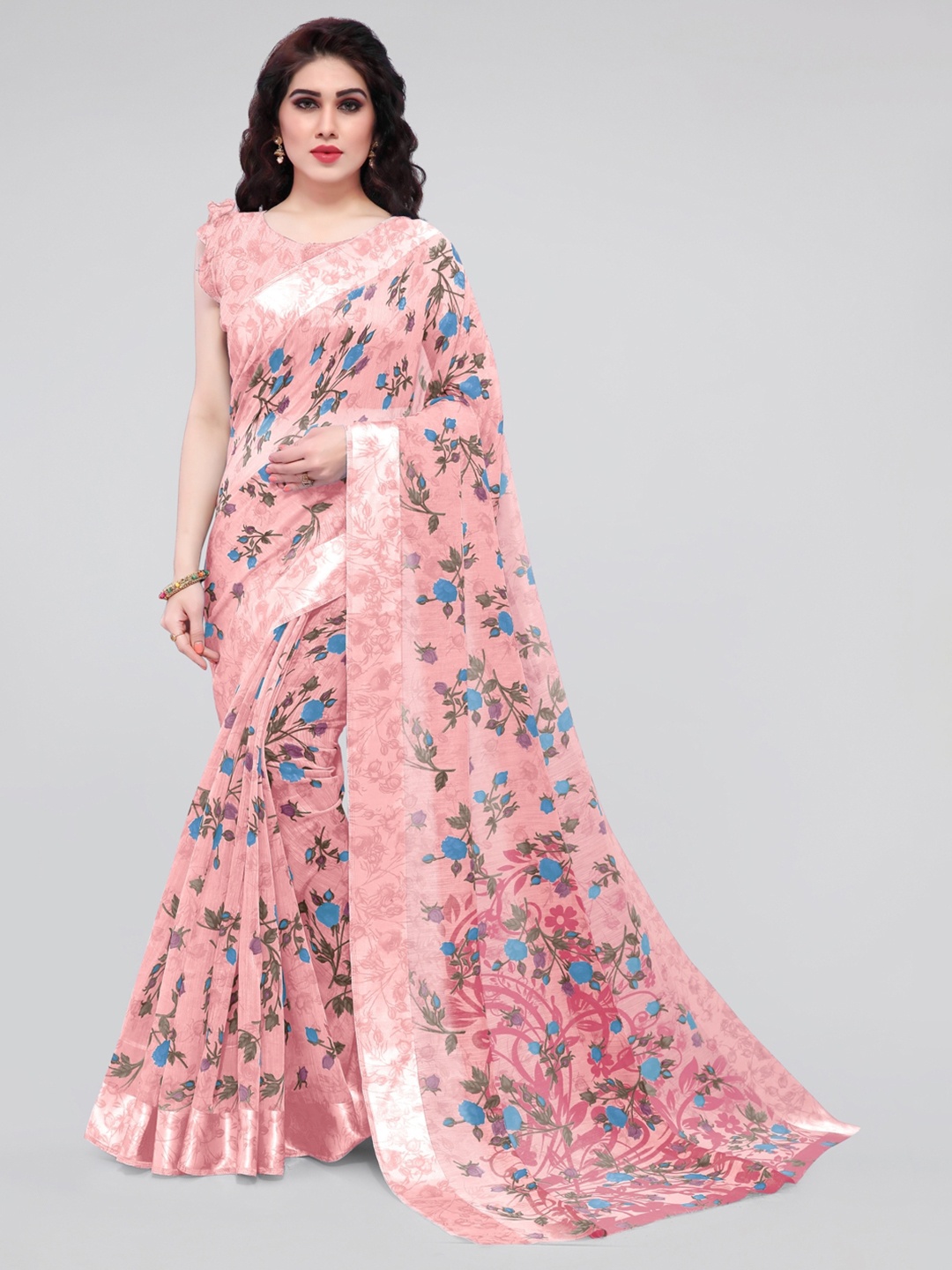 

KALINI Pink & Blue Floral Bagh Saree