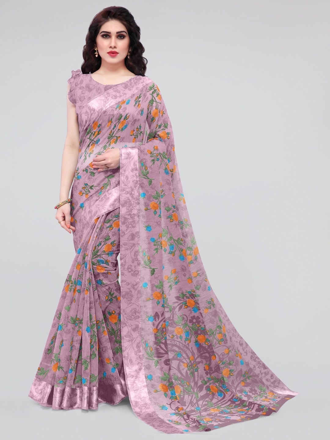 

KALINI Purple & Orange Floral Bagh Saree