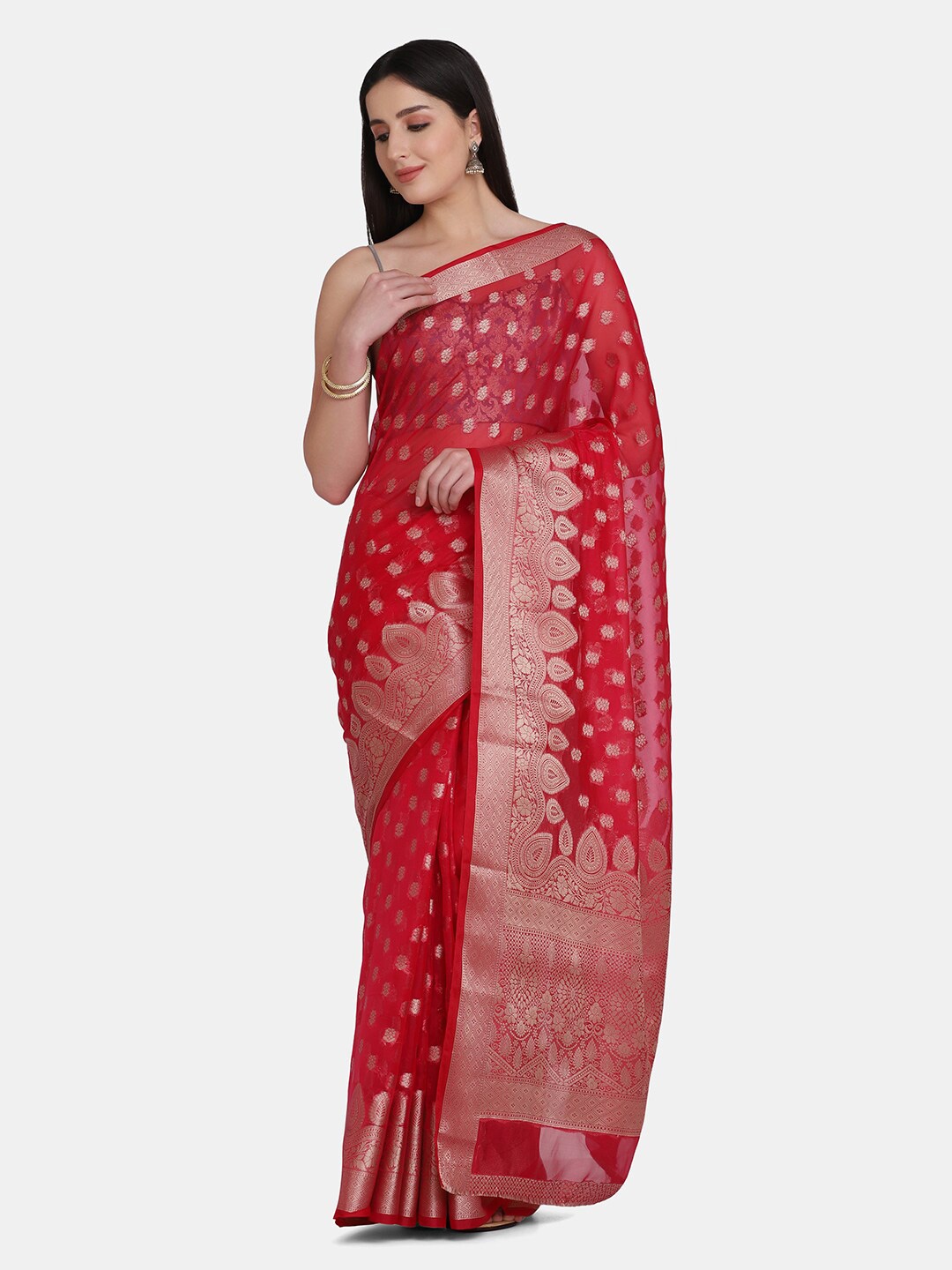 

BOMBAY SELECTIONS Magenta & Silver-Toned Ethnic Motifs Zari Organza Banarasi Saree