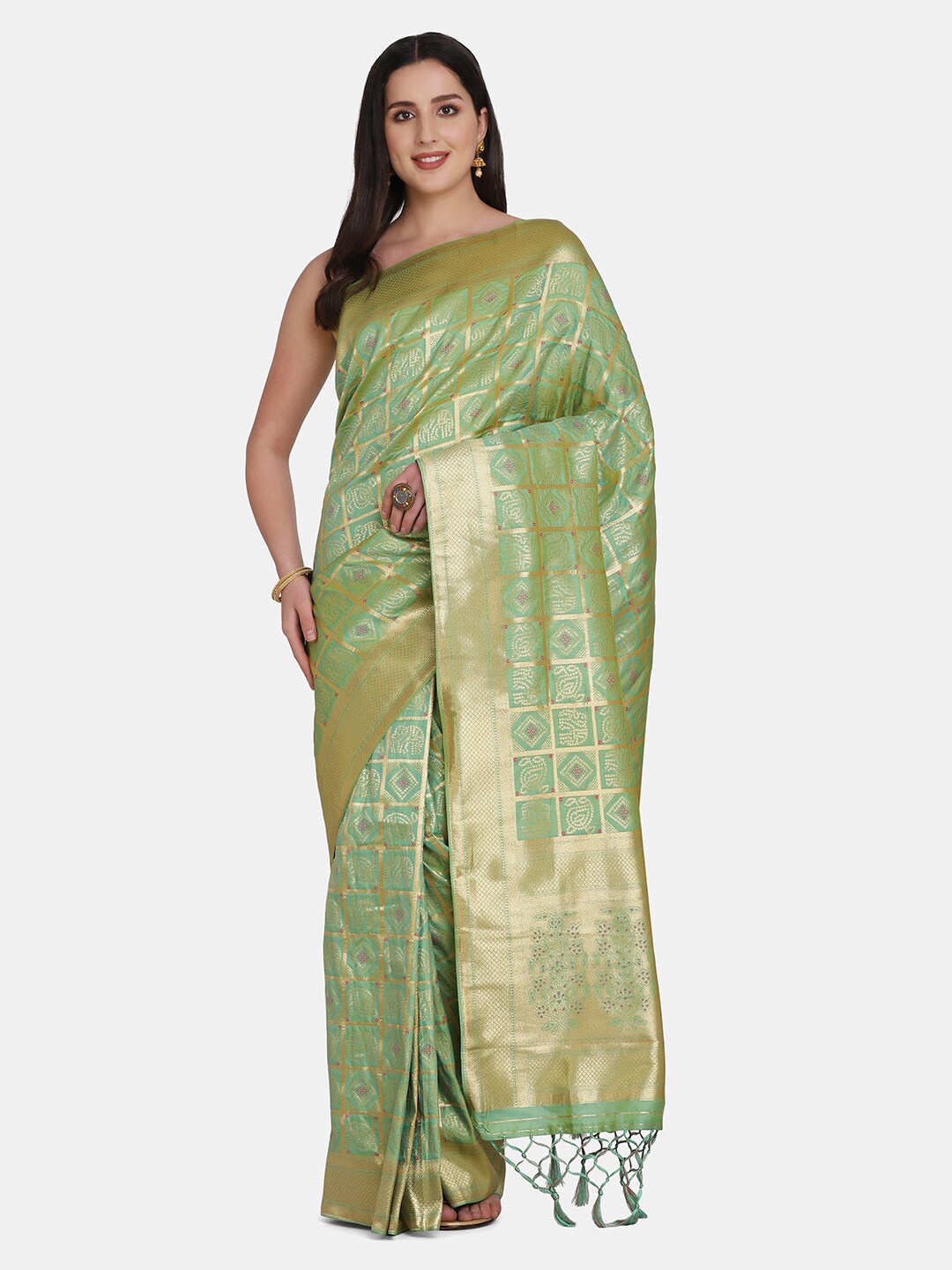 

BOMBAY SELECTIONS Green & Gold-Toned Ethnic Motifs Zari Pure Silk Banarasi Saree