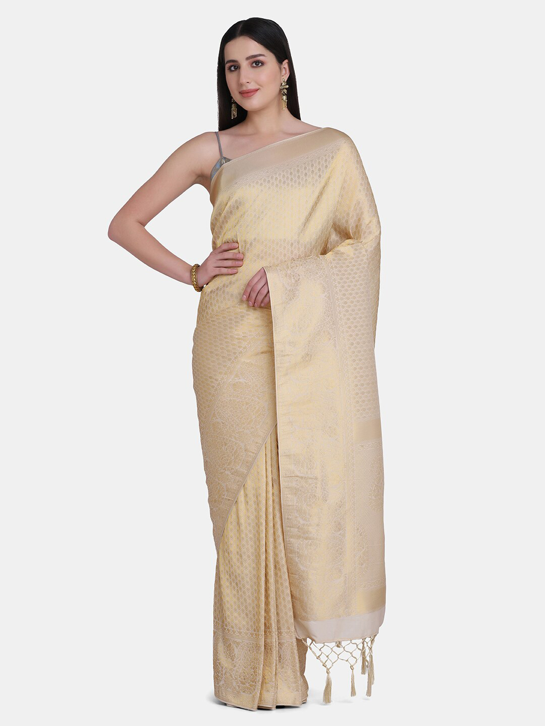 

BOMBAY SELECTIONS Cream-Coloured & Gold-Toned Woven Design Zari Pure Silk Banarasi Saree