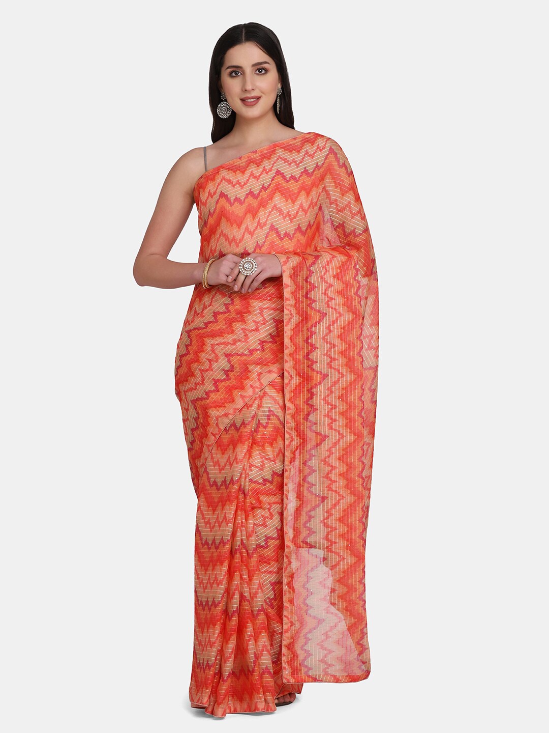 

BOMBAY SELECTIONS Women Peach Sequin Embellished Leheriya Print Pure Georgette Saree