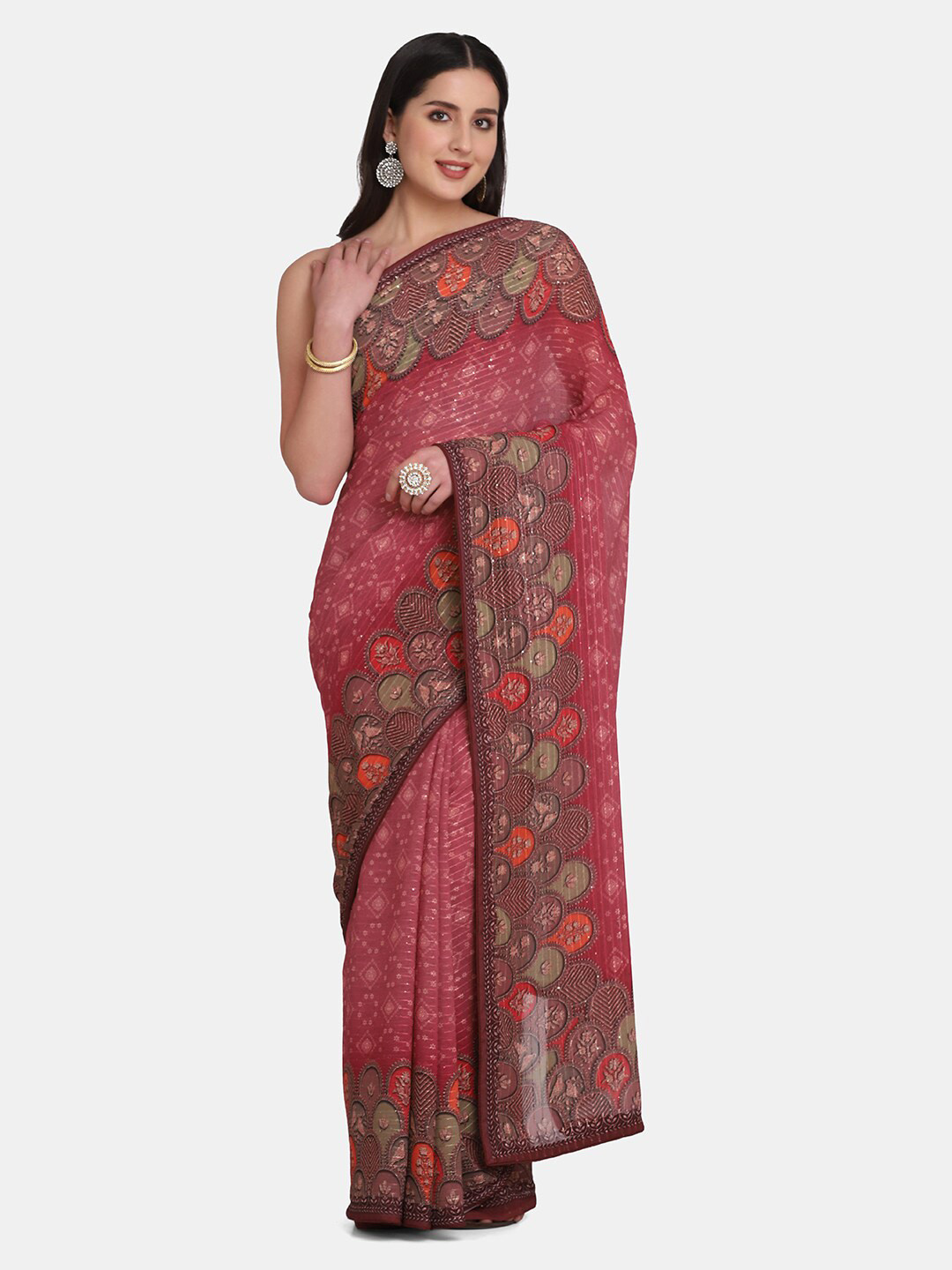 

BOMBAY SELECTIONS Purple & Green Ethnic Motifs Sequinned Pure Georgette Saree