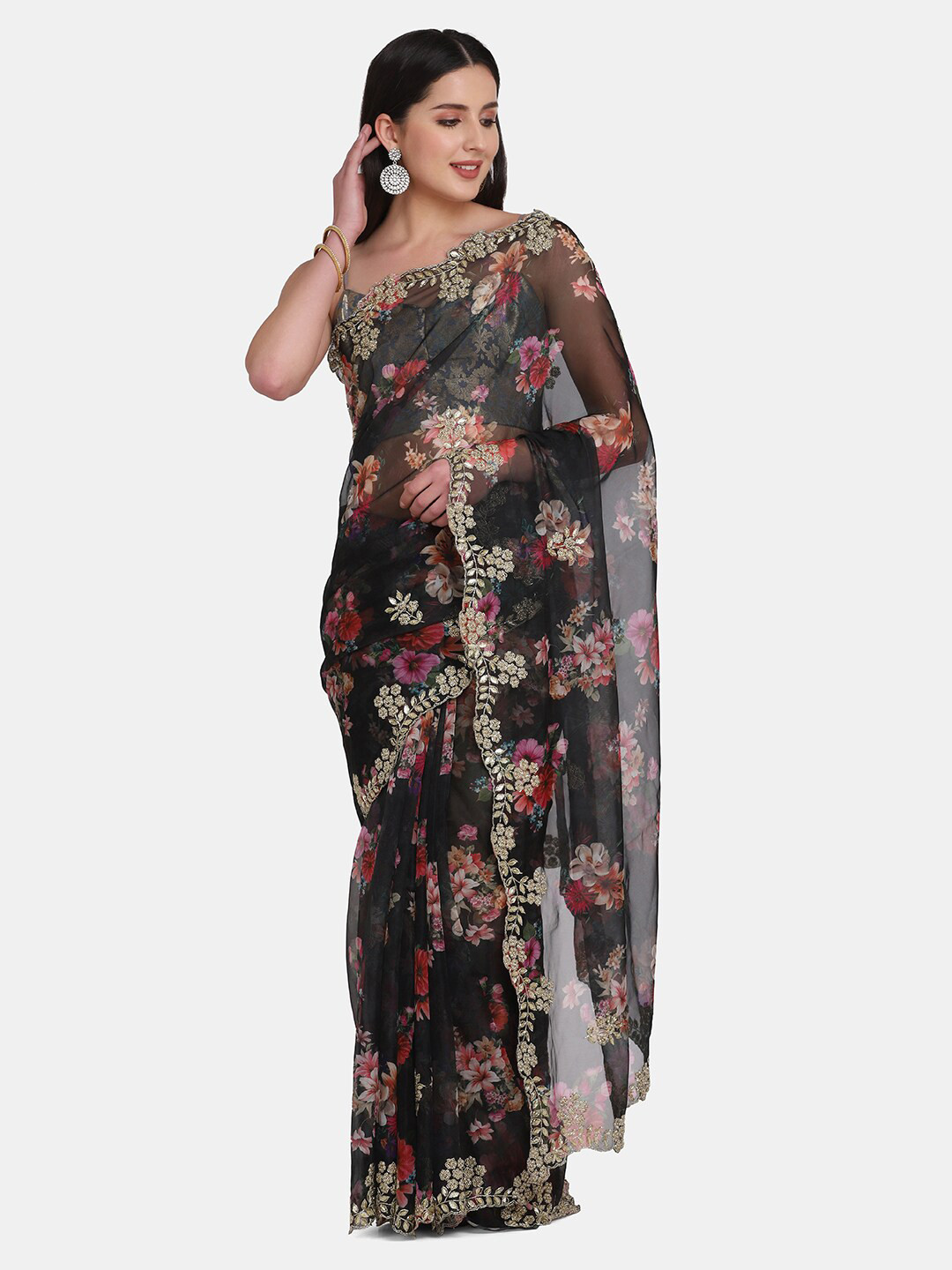 

BOMBAY SELECTIONS Green & Pink Floral Embroidered Organza Saree
