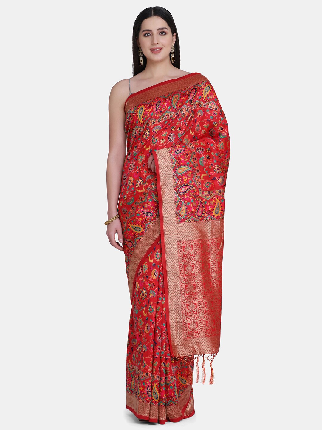

BOMBAY SELECTIONS Red & Green Woven Design Zari Pure Silk Banarasi Saree