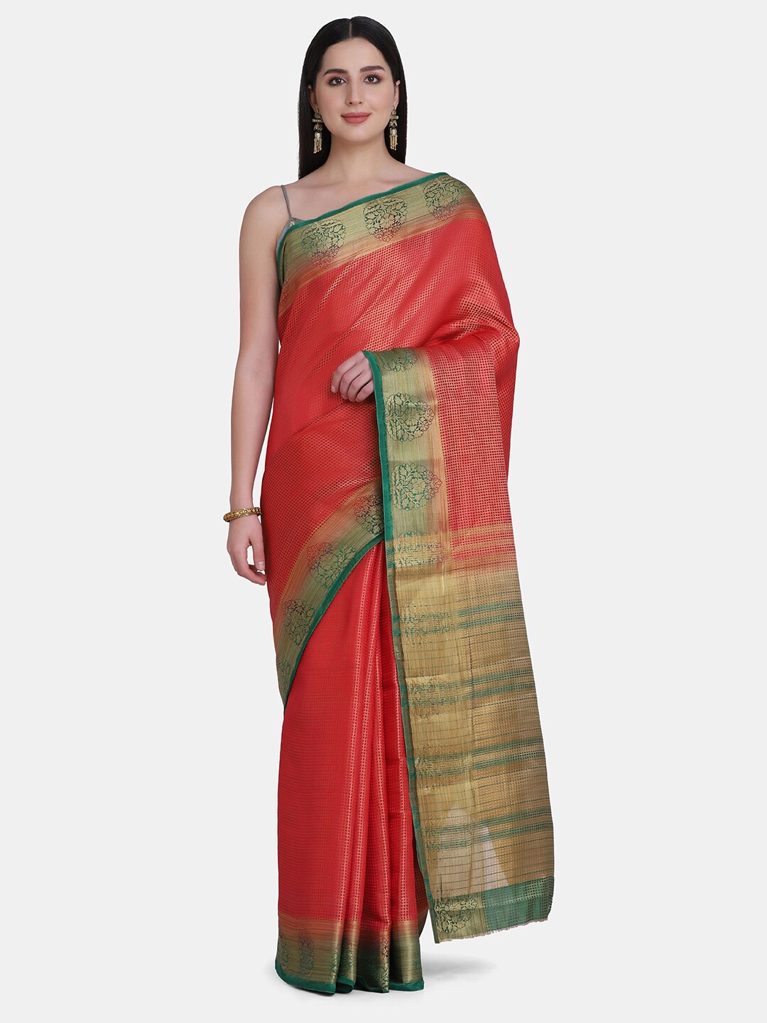 

BOMBAY SELECTIONS Red & Green Woven Design Zari Pure Silk Banarasi Saree