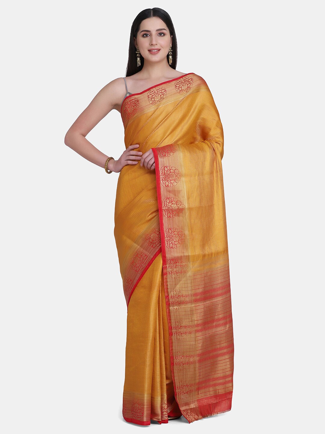 

BOMBAY SELECTIONS Yellow & Red Checked Pure Silk Banarasi Saree