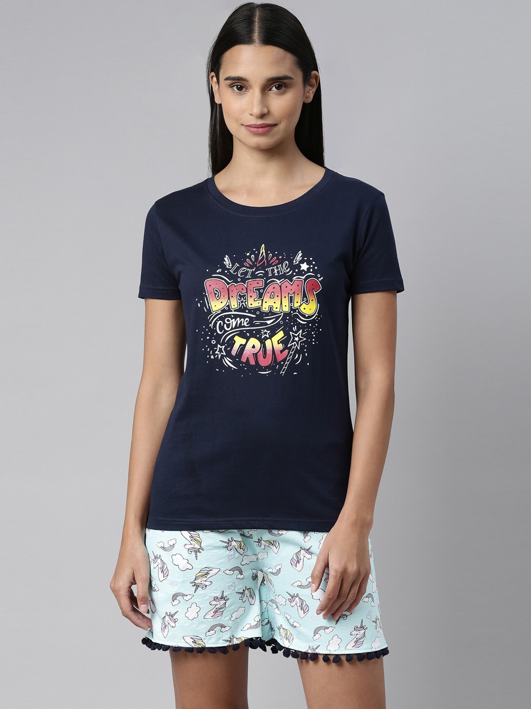 

Kryptic Women Navy Blue & Yellow Printed Pure Cotton Night suit