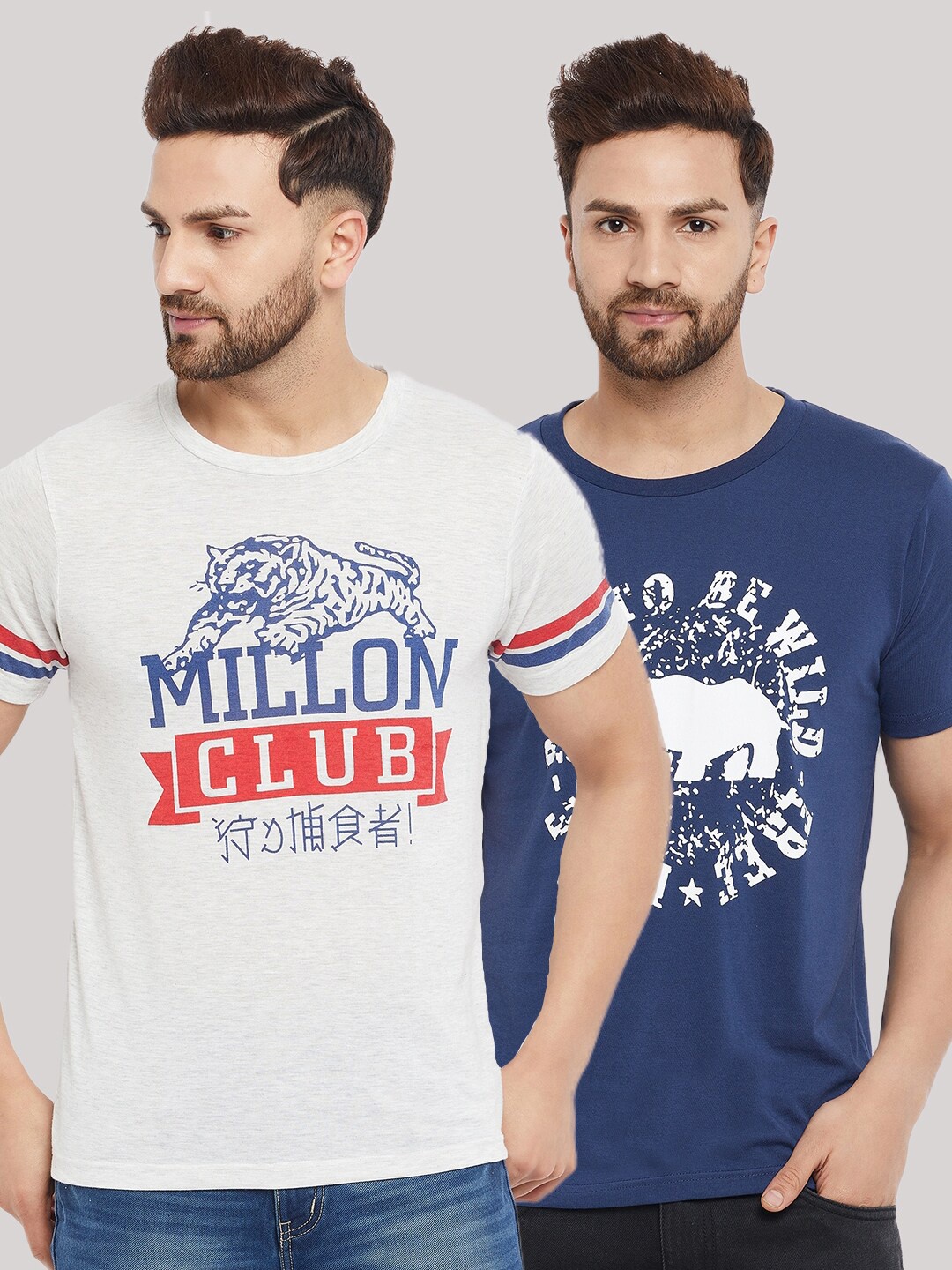 

THE MILLION CLUB Men Set of 2 White & Blue Printed T-shirt