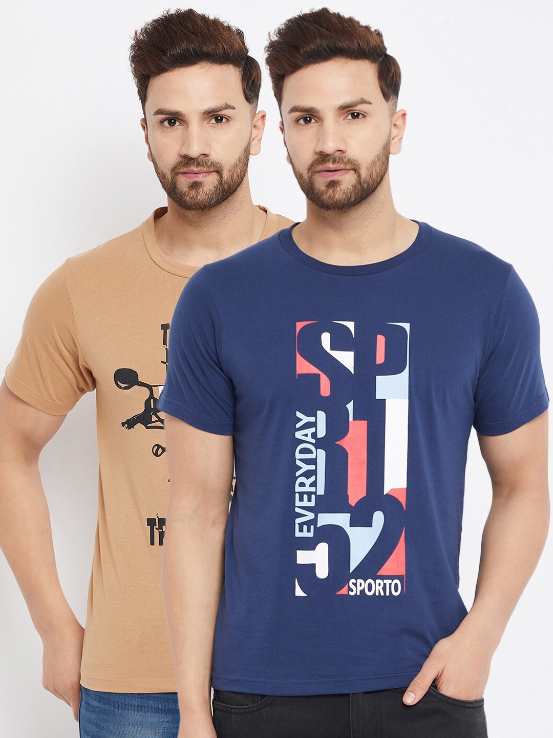 

THE MILLION CLUB Men Pack Of 2 Beige & Blue Printed Cotton T-shirt
