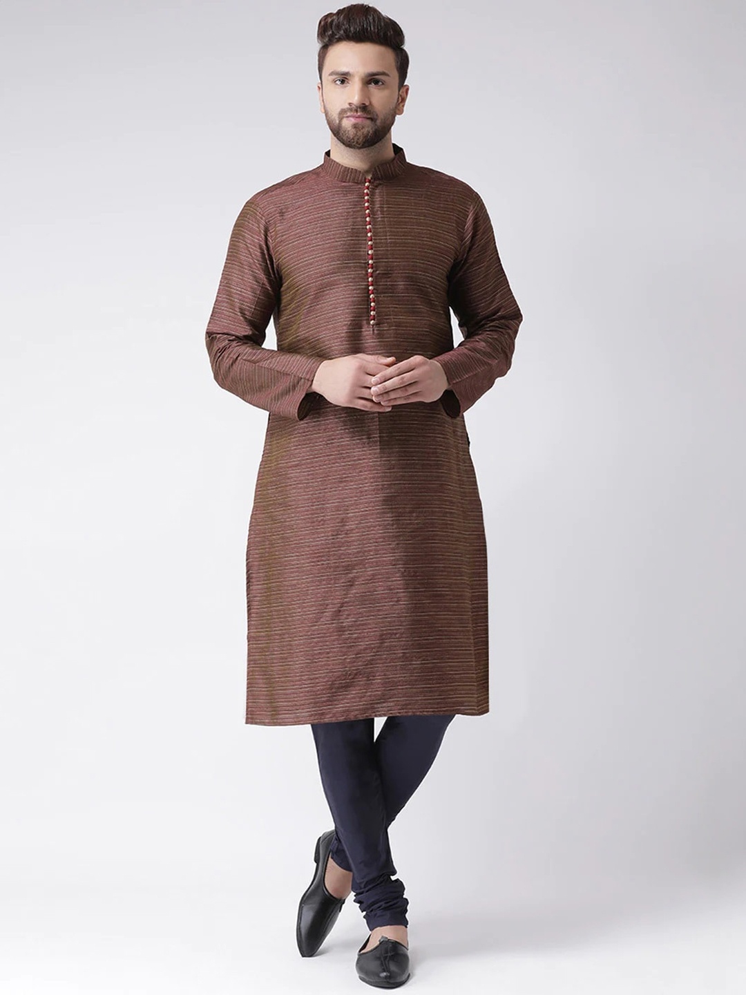 

Chitwan Mohan Men Burgundy Striped Dupion Silk Kurta with Pyjamas