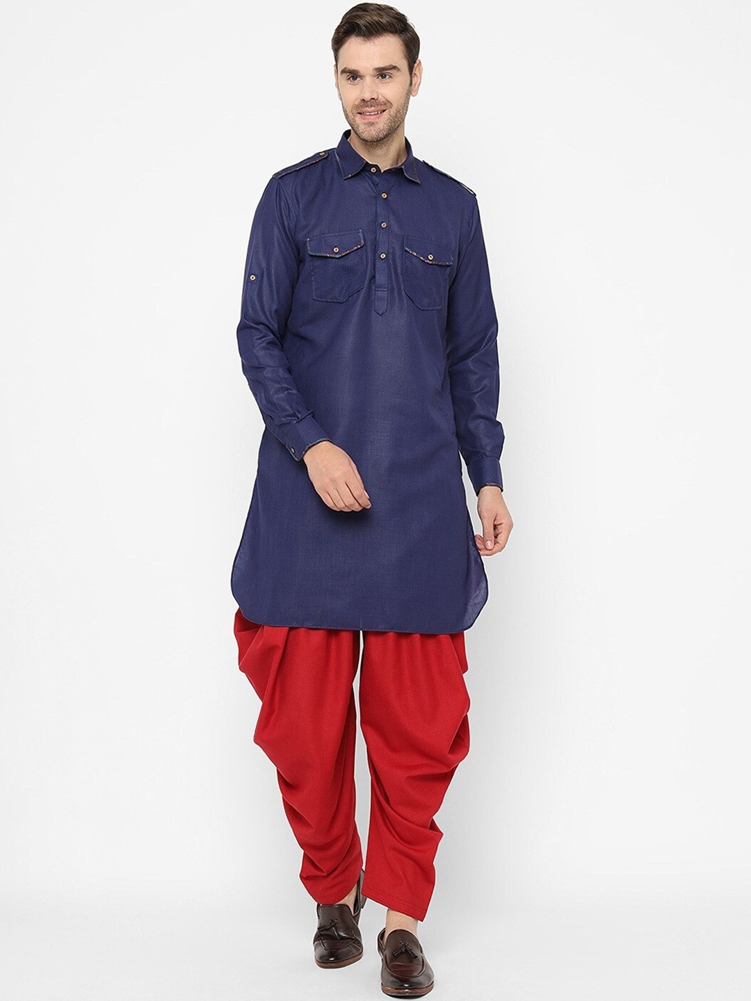 

Chitwan Mohan Men Blue Solid Cotto Mandarin Collar Pathani Kurta with Patiala