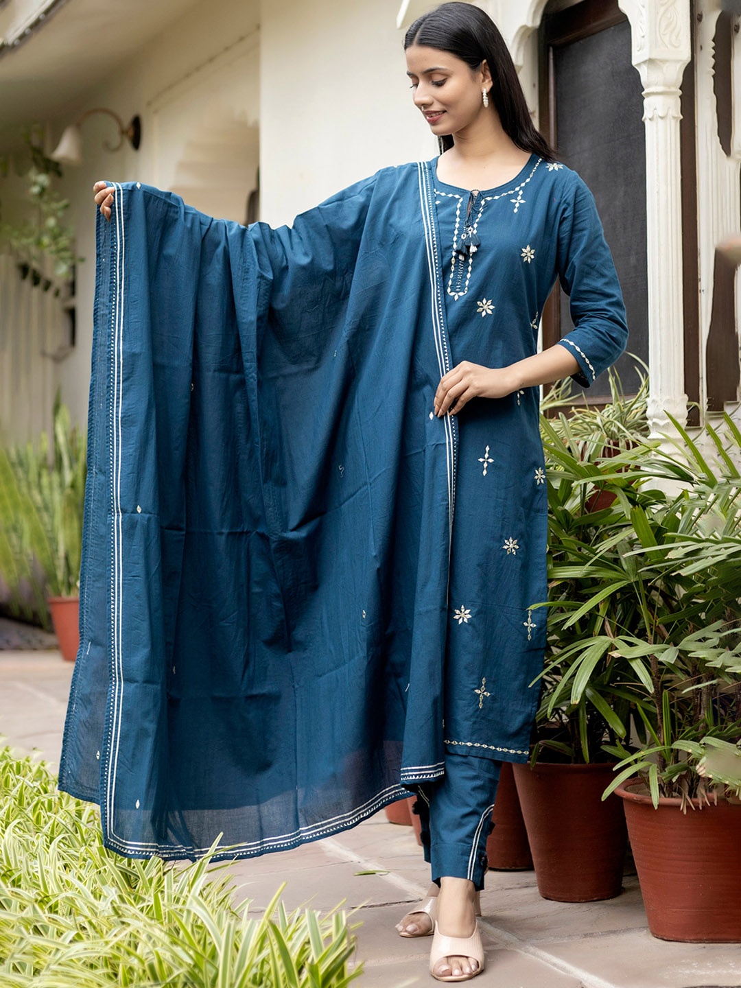 

KAAJH Women Navy Blue Mirror Work Pure Cotton Kurta with Trousers & With Dupatta