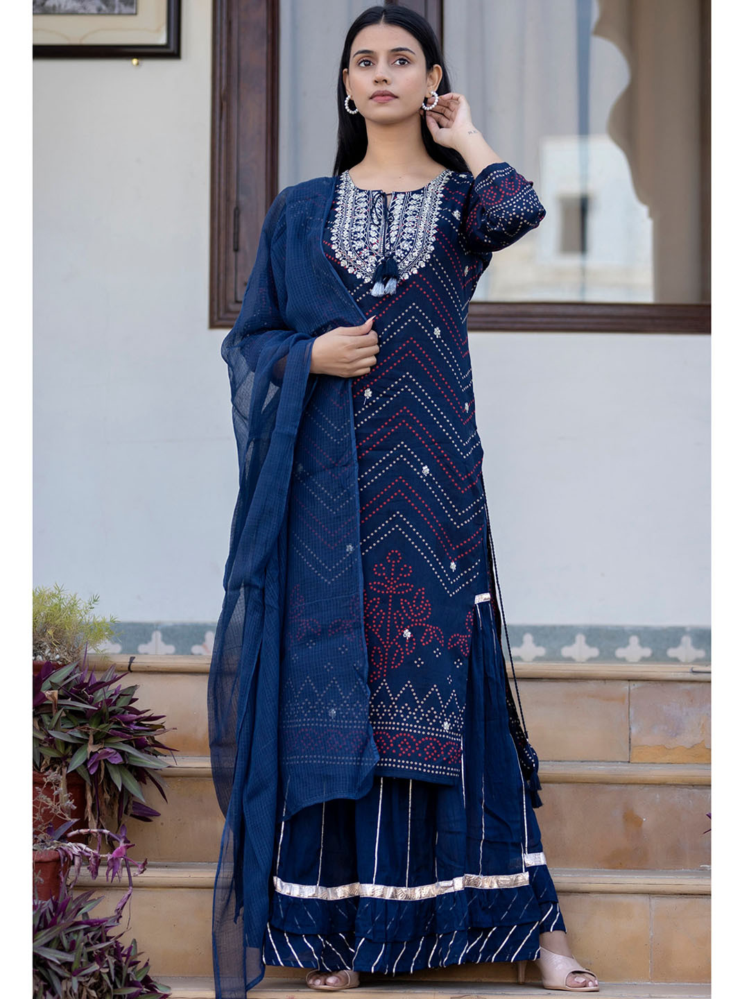 

KAAJH Women Navy Blue Ethnic Motifs Embroidered Pure Cotton Kurta with Sharara & With Dupatta
