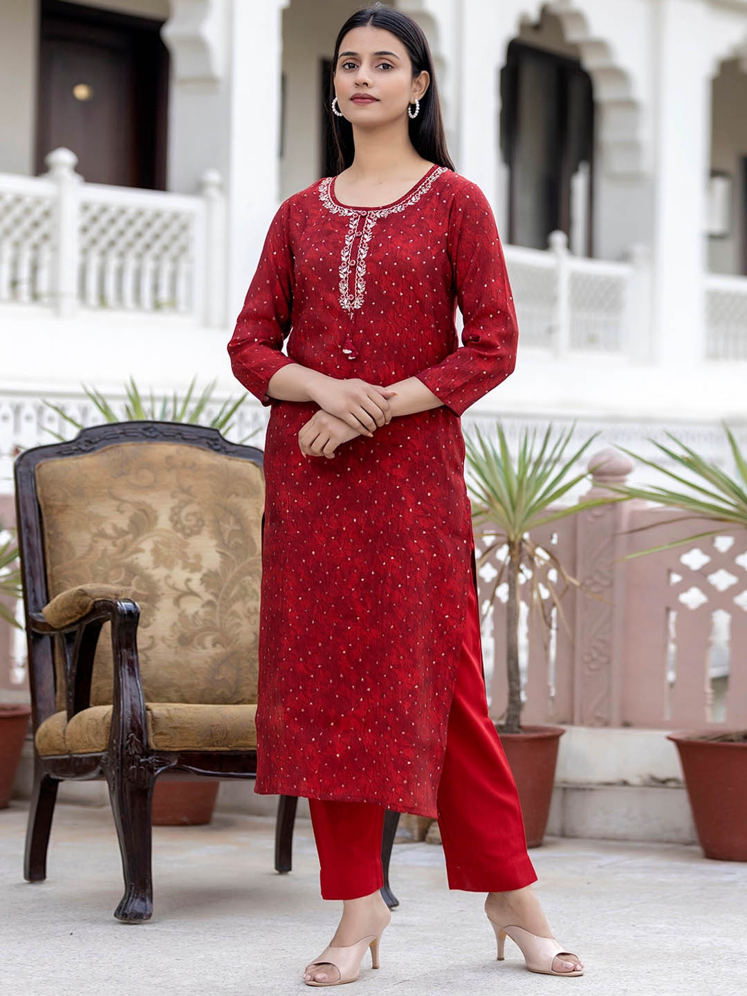 

KAAJH Women Red Screen Printed Sequinned Kurta with Trousers