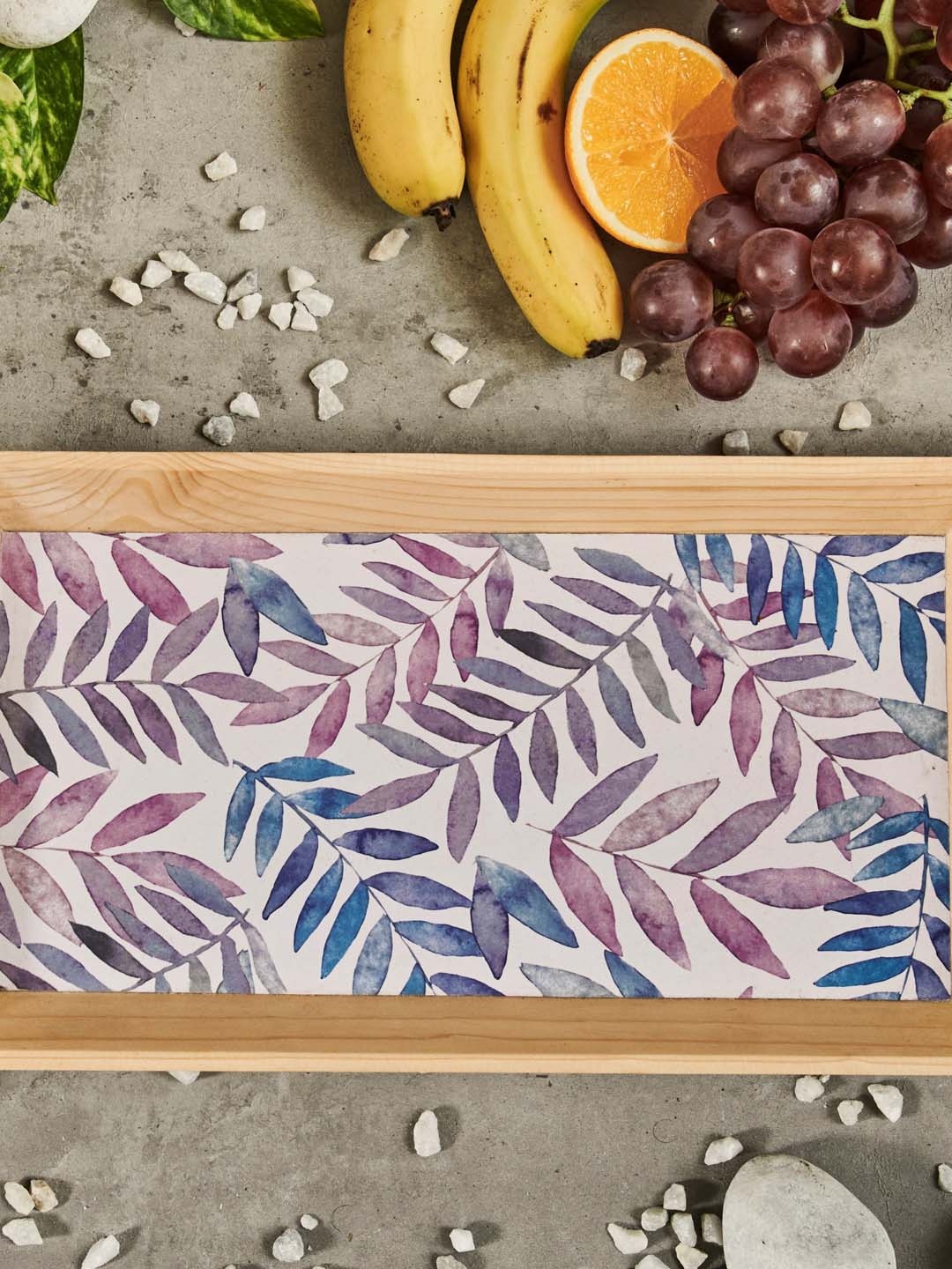 

A Tiny Mistake Beige & Purple Leaves Printed Rectangle Serving Tray
