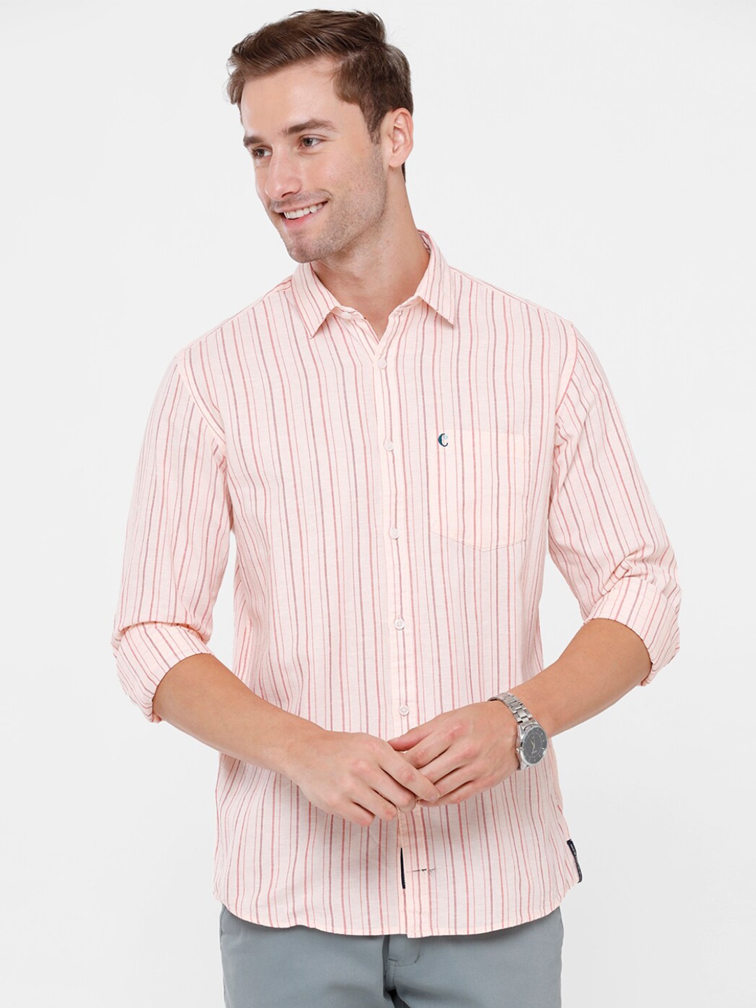 

CAVALLO by Linen Club Men Pink Striped Linen Cotton Casual Shirt