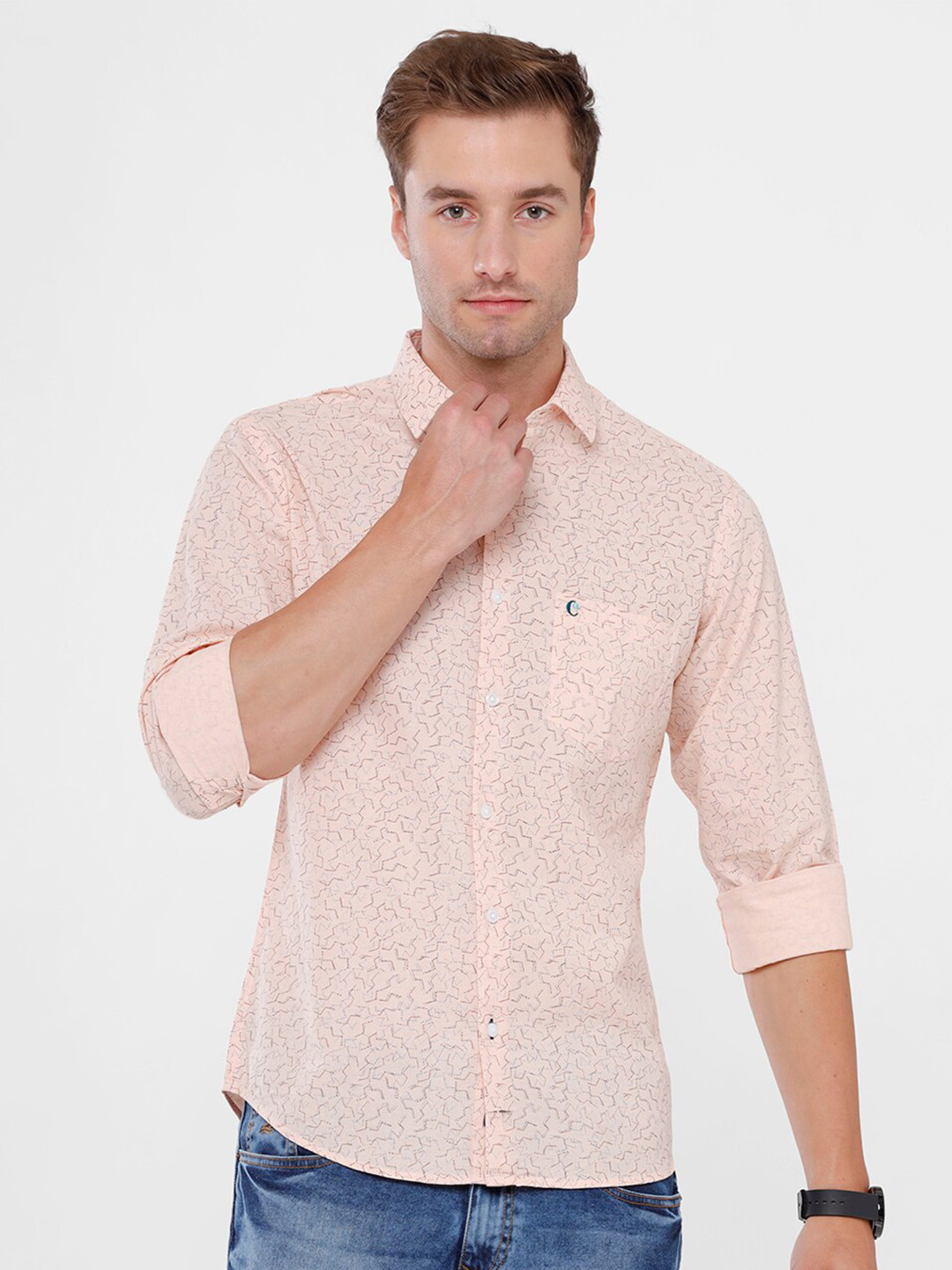 

CAVALLO by Linen Club Men Pink & Brown Ditsy Geometric Printed Cotton Linen Casual Shirt