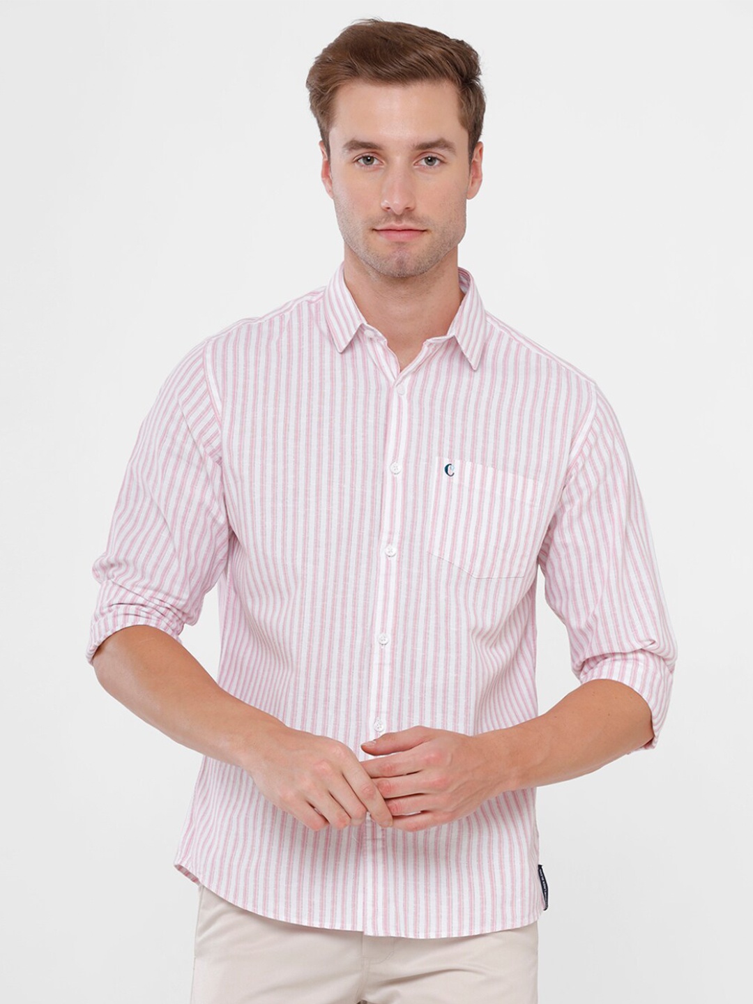 

CAVALLO by Linen Club Men Pink Striped Linen Cotton Casual Shirt