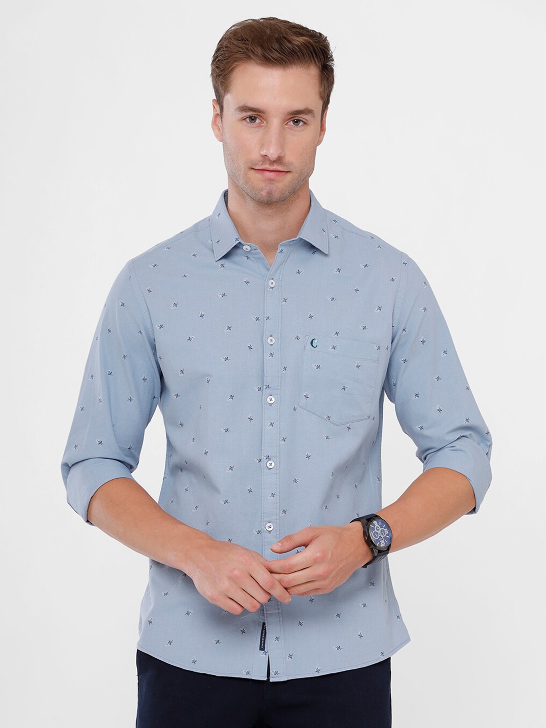 

CAVALLO by Linen Club Men Blue Linen Cotton Printed Regular Fit Casual Shirt