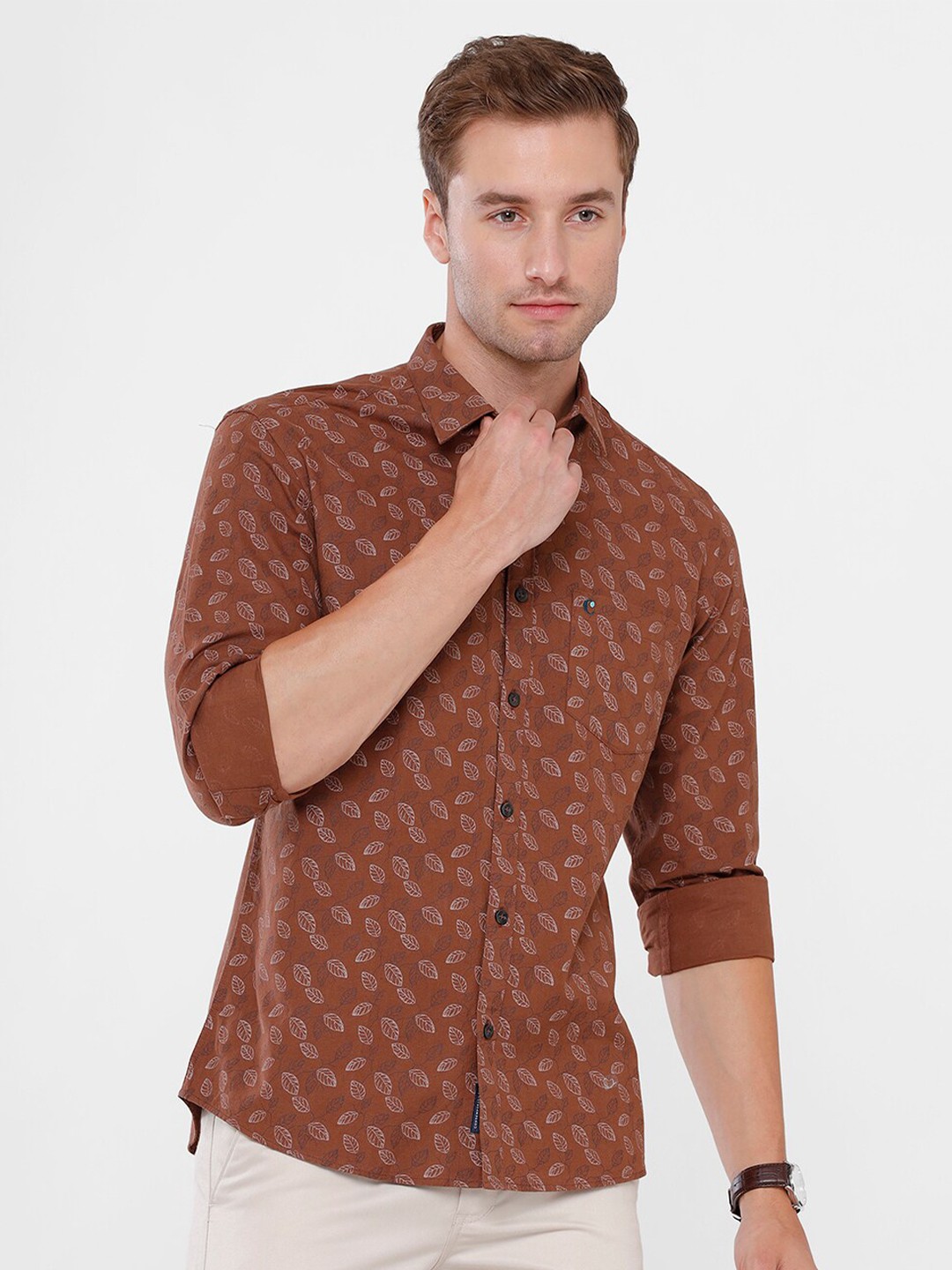 

CAVALLO by Linen Club Men Brown Linen Cotton Floral Printed Casual Shirt
