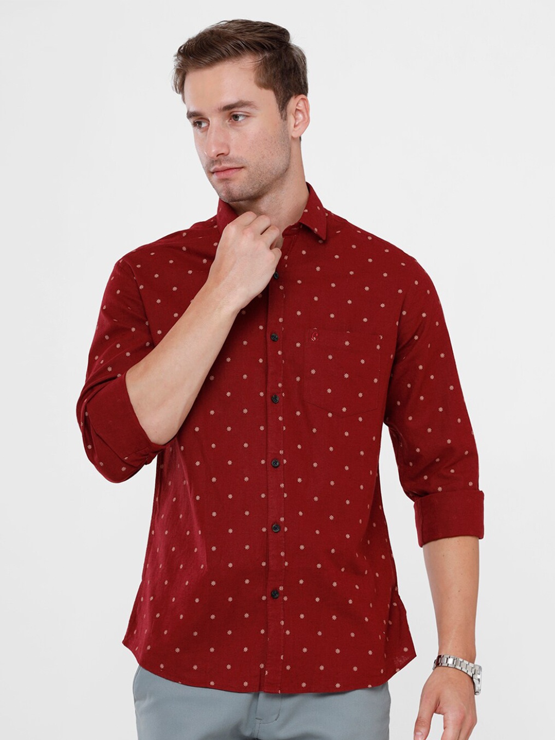 

CAVALLO by Linen Club Men Maroon Printed Cotton-Linen Casual Shirt