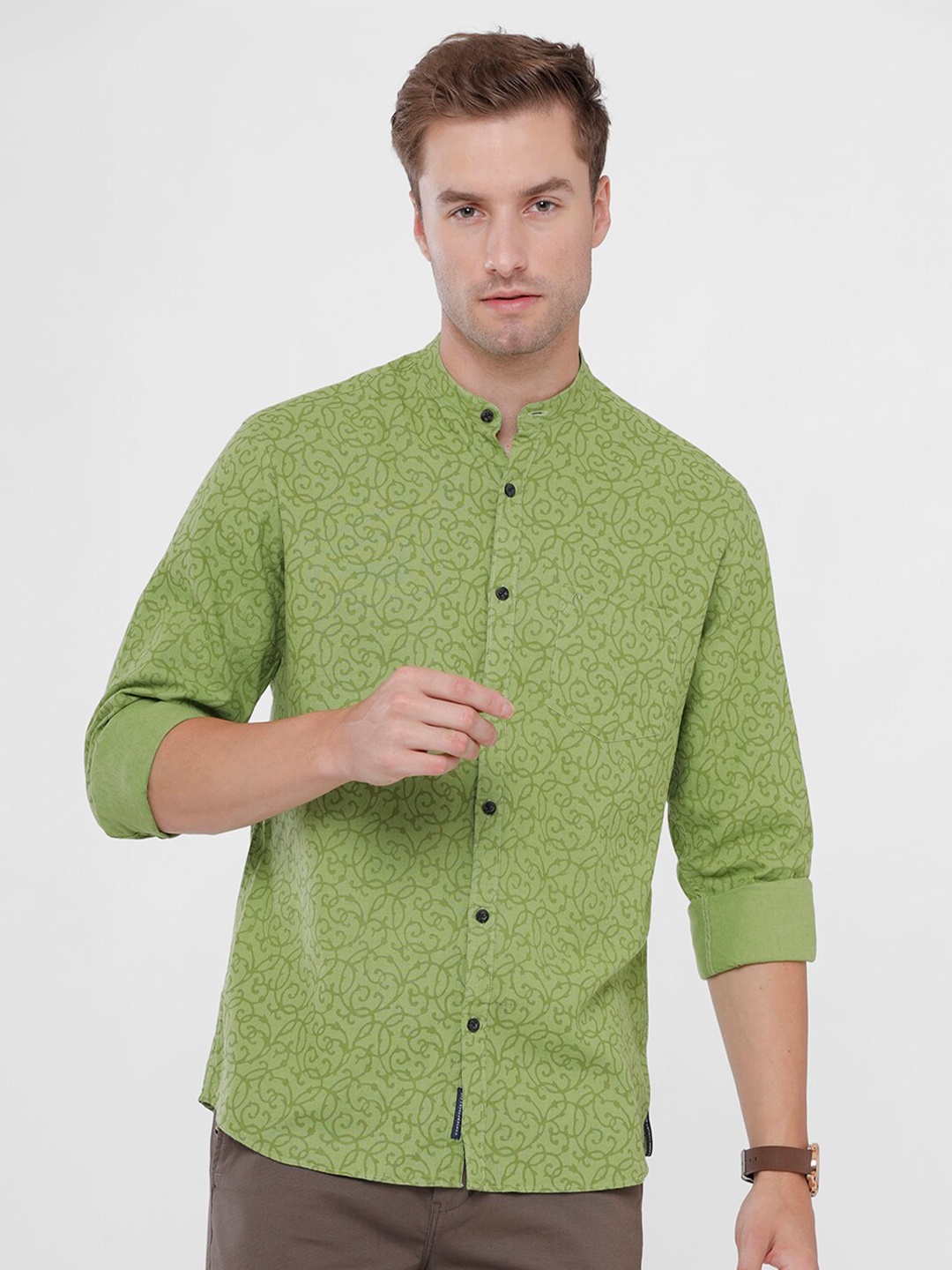 

CAVALLO by Linen Club Men Ethnic Motifs Printed Linen Cotton Casual Shirt, Green