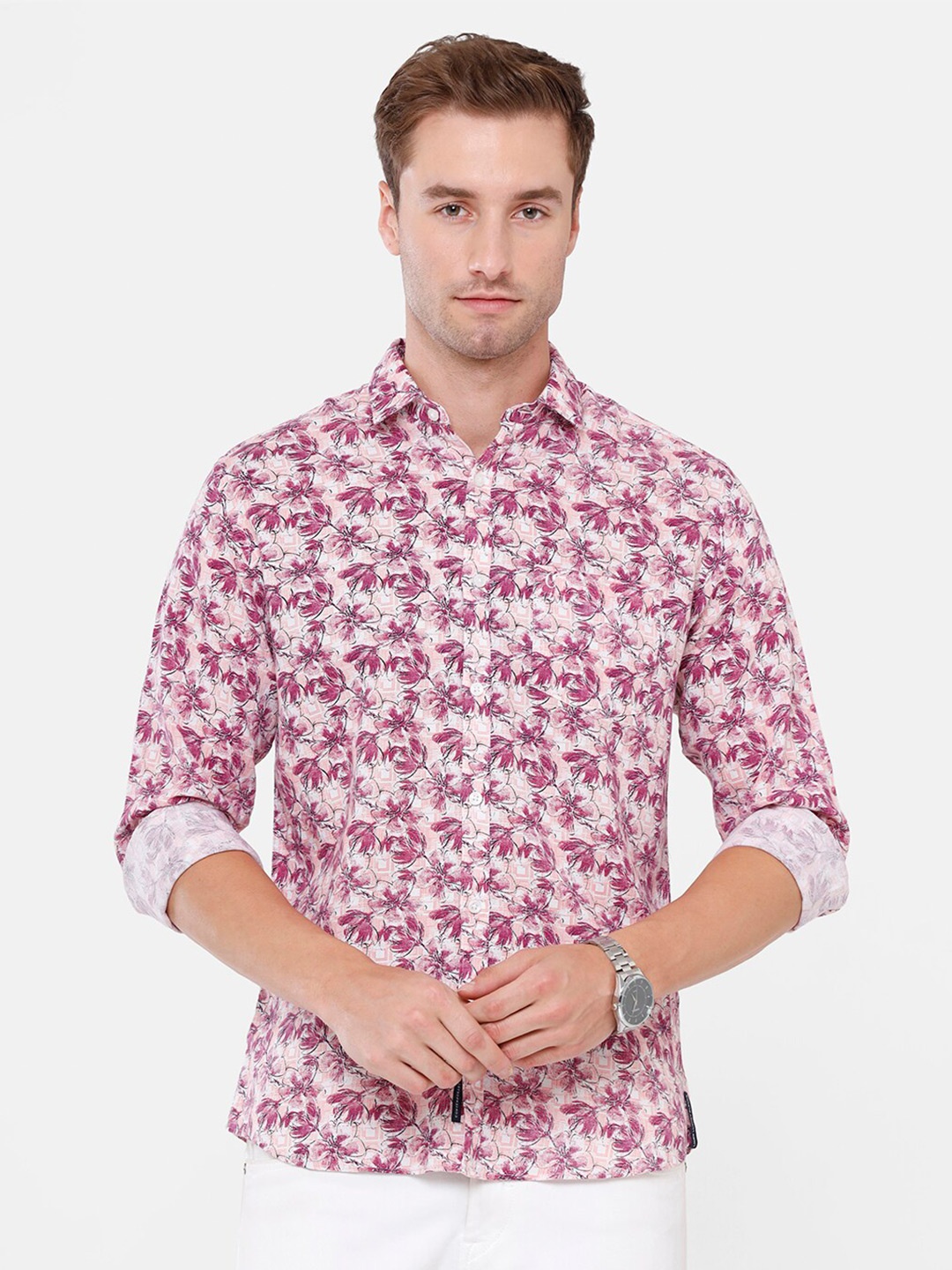 

CAVALLO by Linen Club Men Purple Floral Printed Linen Cotton Casual Shirt