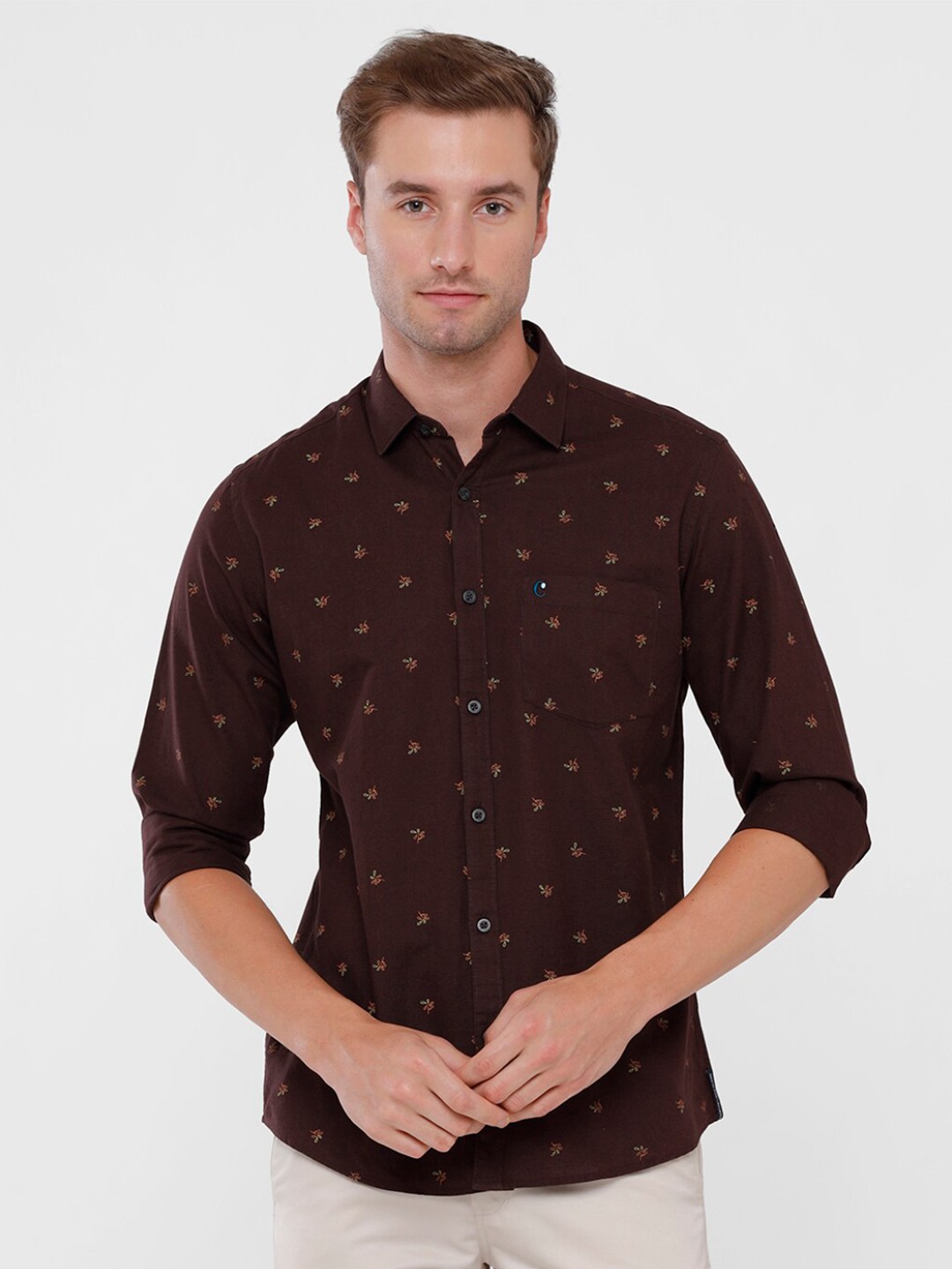 

CAVALLO by Linen Club Men Brown Floral Printed Linen Cotton Casual Shirt