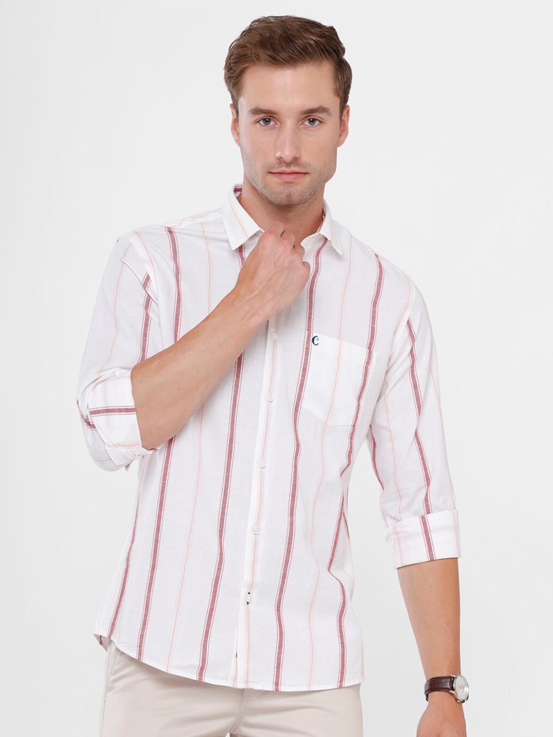 

CAVALLO by Linen Club Men White & Maroon Vertical Striped Linen Cotton Casual Shirt