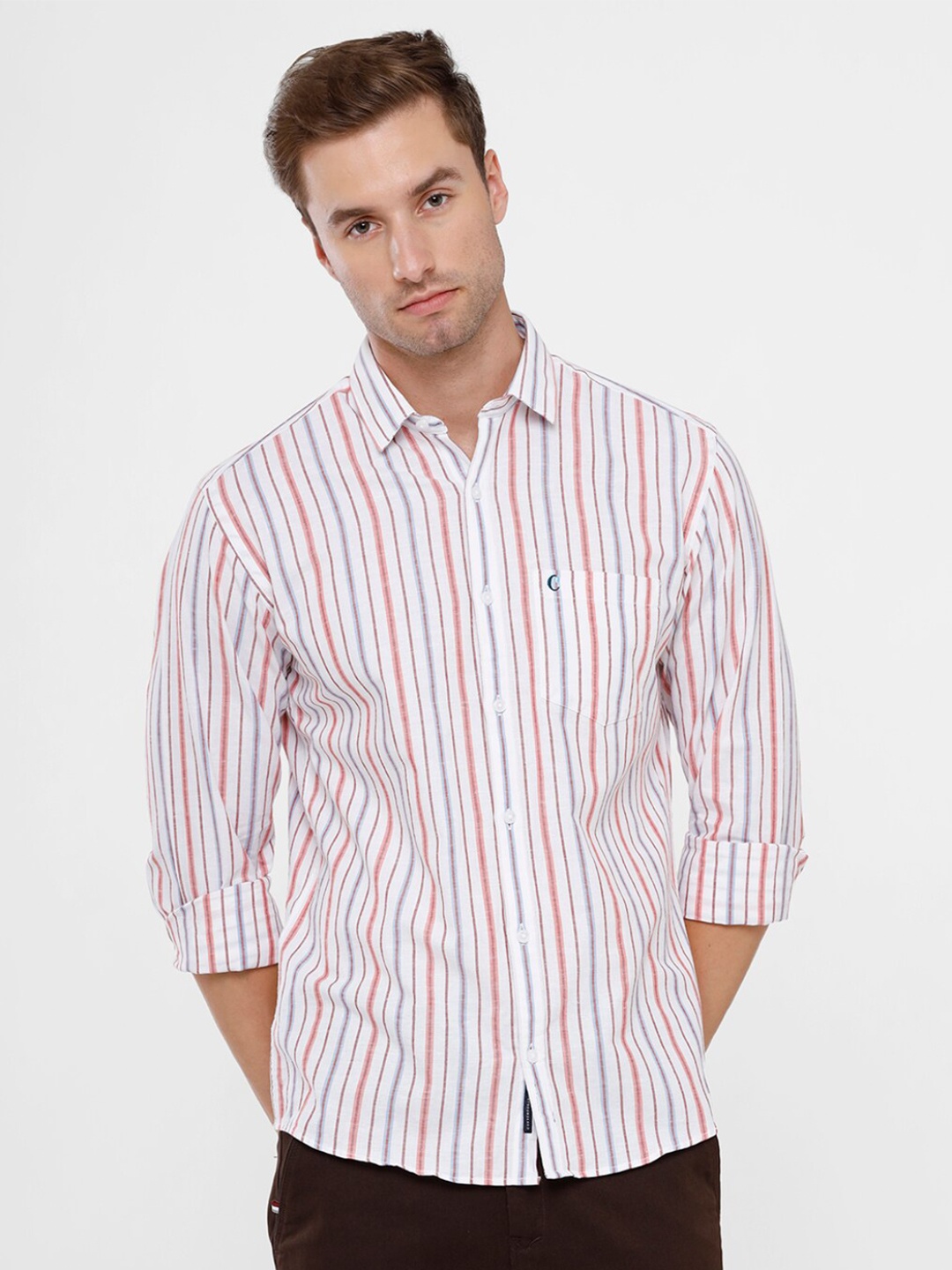 

CAVALLO by Linen Club Men White Striped Linen Cotton Casual Shirt