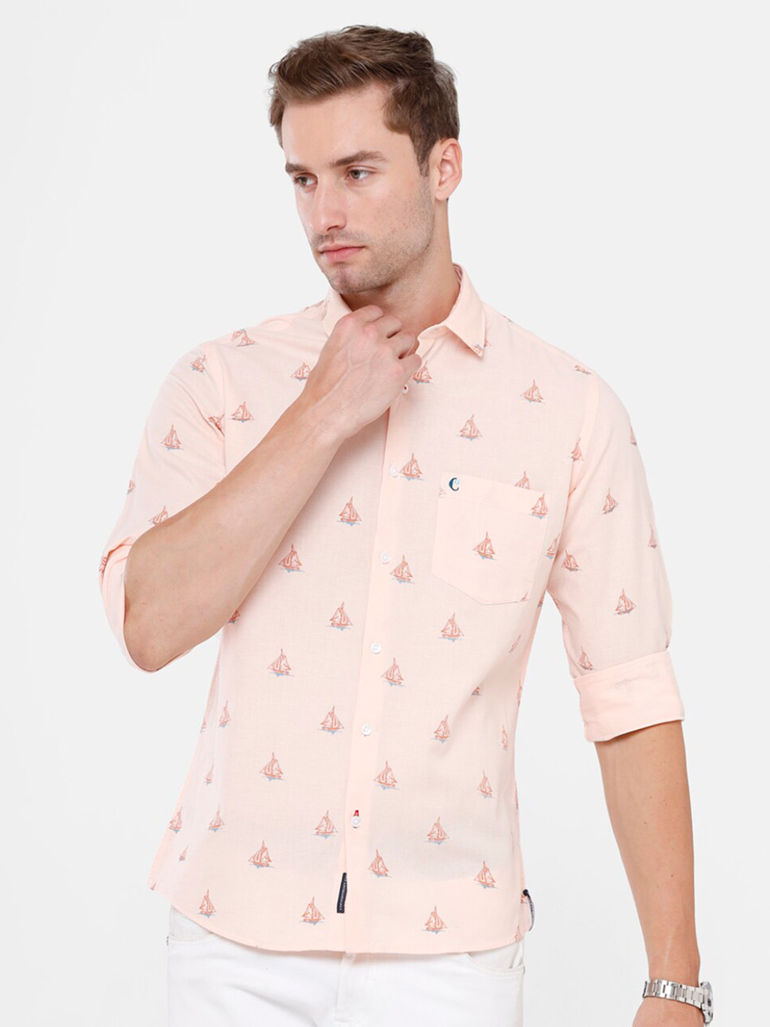 

CAVALLO by Linen Club Men Pink & Blue Ditsy Conversational Print Cotton Linen Casual Shirt