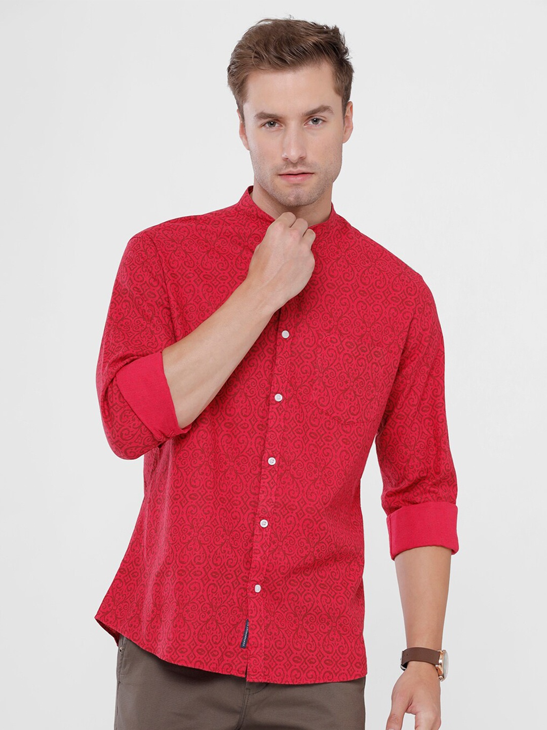 

CAVALLO by Linen Club Men Red Printed Regular Fit Cotton-Linen Casual Shirt