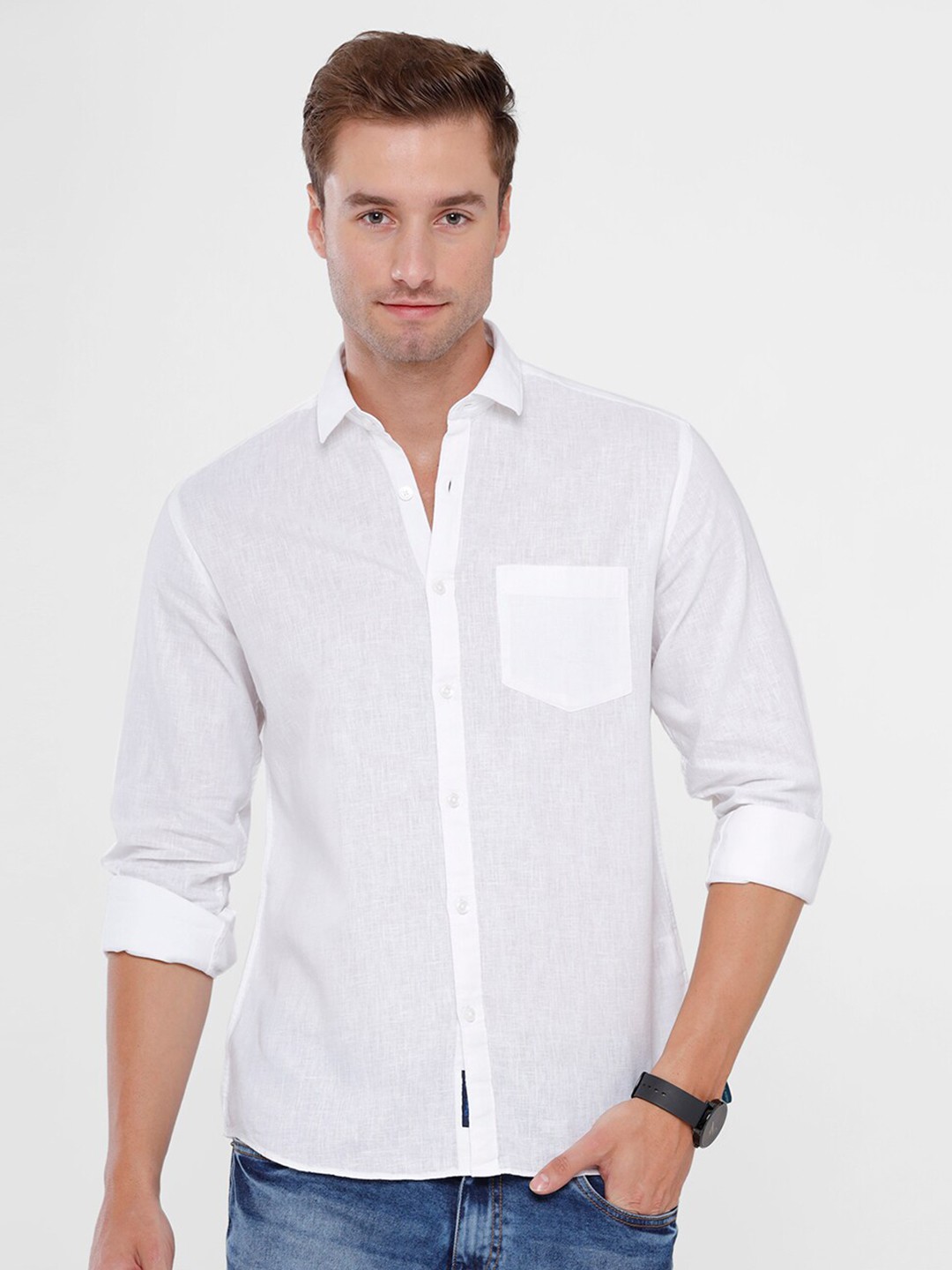 

CAVALLO by Linen Club White Cotton-Linen Casual Shirt