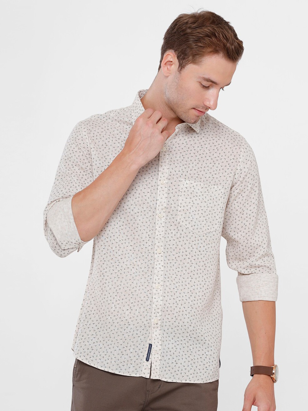 

CAVALLO by Linen Club Men Beige Printed Linen Cotton Casual Shirt