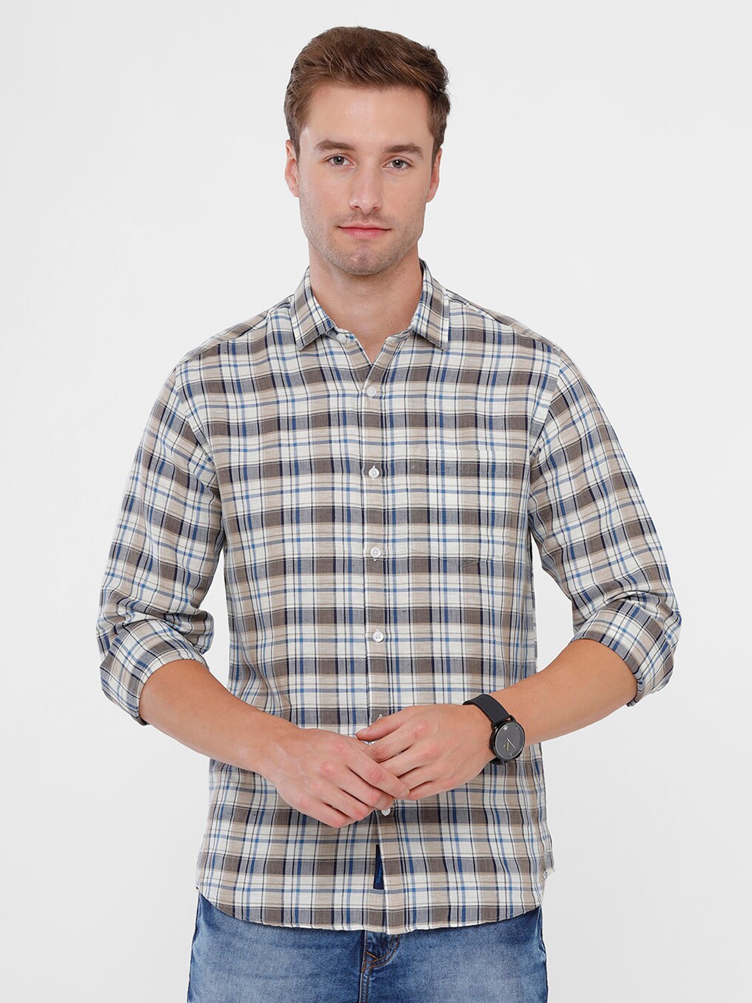 

CAVALLO by Linen Club Men Blue & White Checked Cotton Linen Casual Shirt